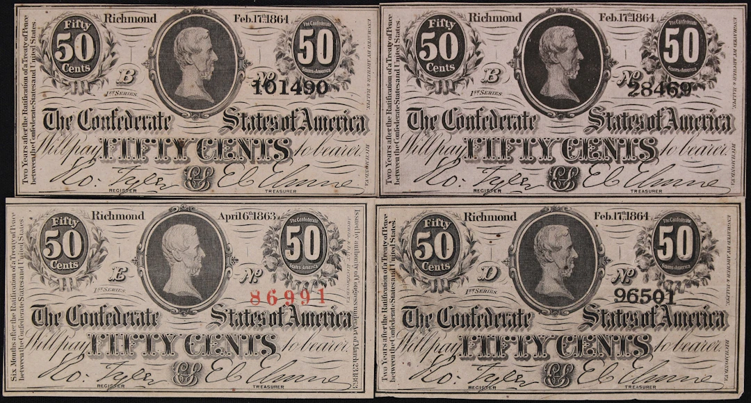 Lot of (4) T-63 & T-72. Confederate Currency. 1863 - 64 50 Cents.