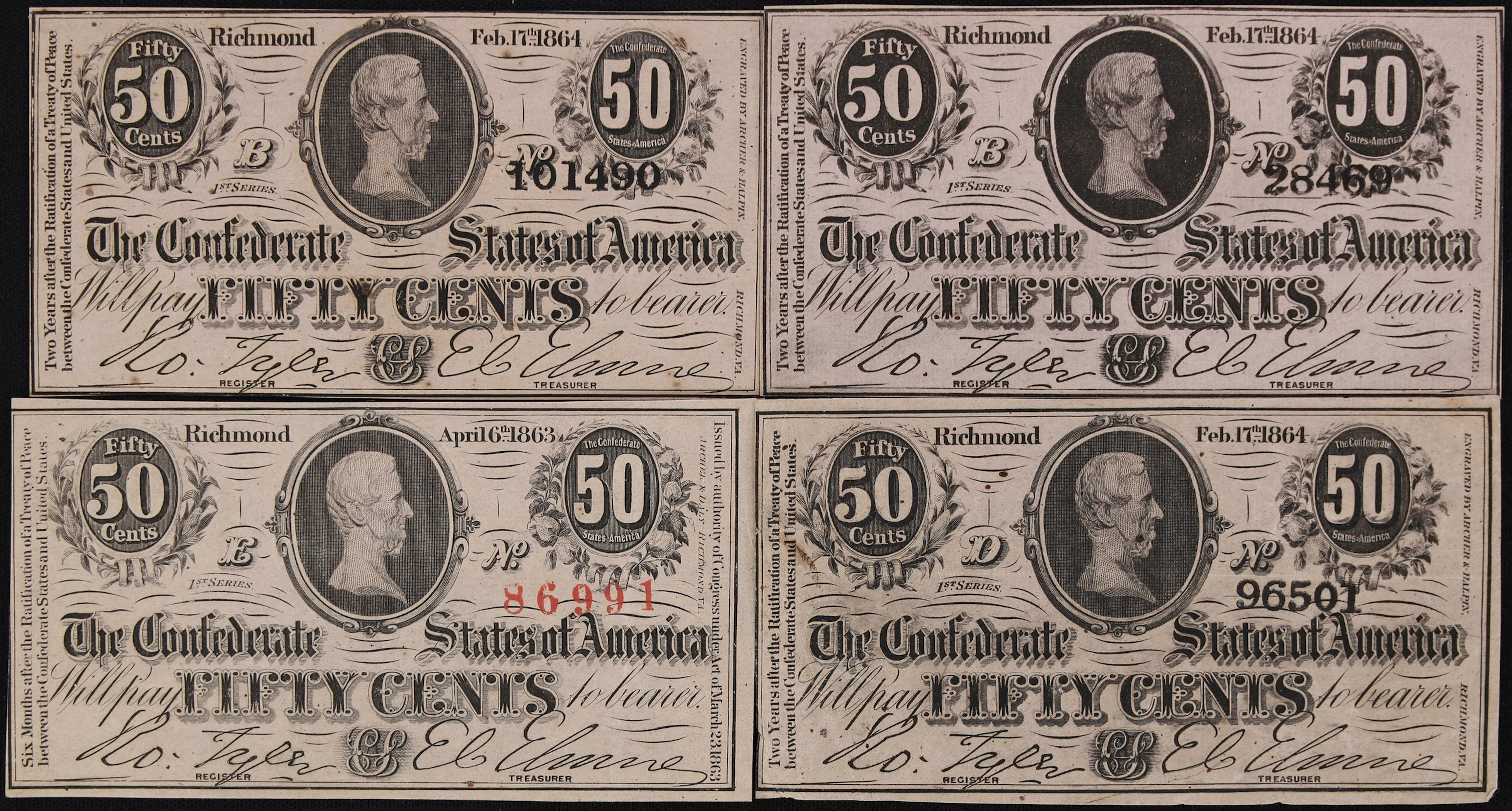 Lot of (4) T-63 & T-72. Confederate Currency. 1863 - 64 50 Cents.