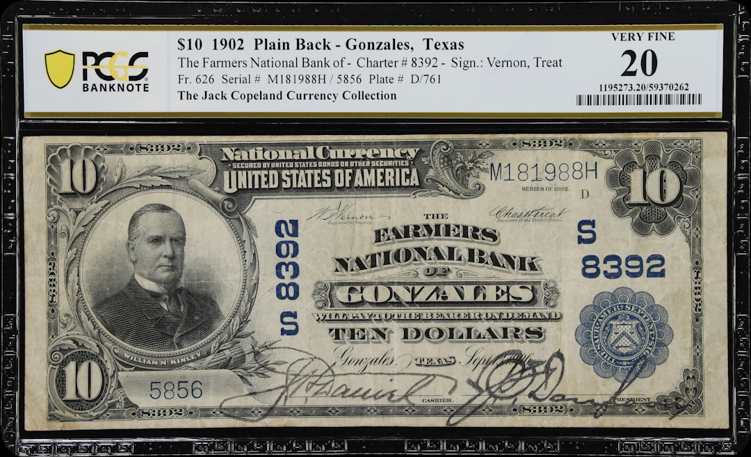 Gonzales, Texas. $10 1902 Plain Back. Fr. 626. Farmers NB. Charter