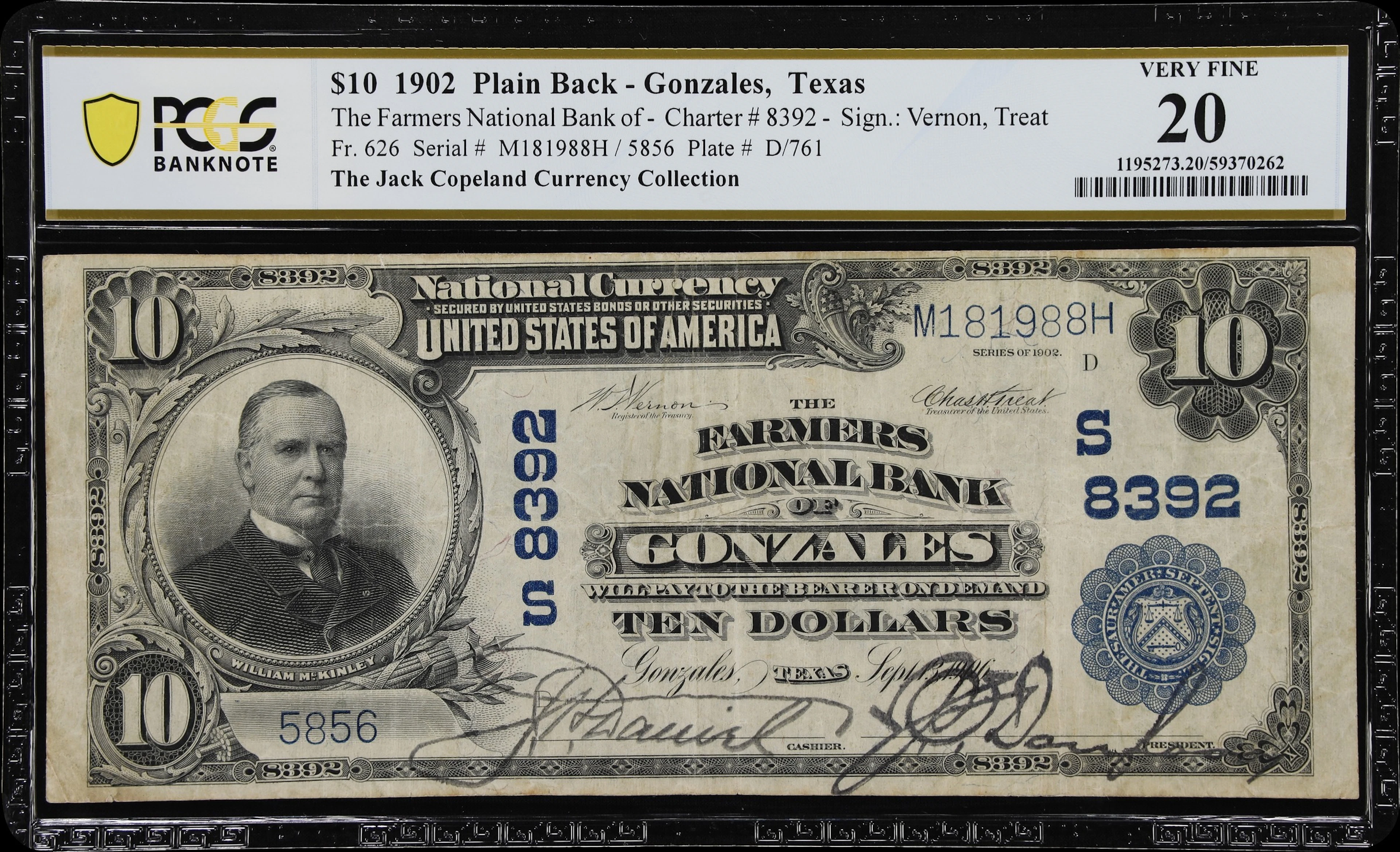 Gonzales, Texas. $10 1902 Plain Back. Fr. 626. Farmers NB. Charter