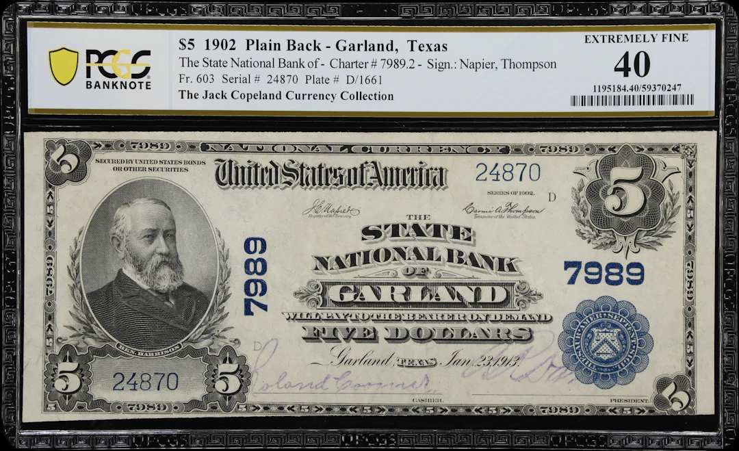 Garland, Texas. $5 1902 Plain Back. Fr. 603. State NB. Charter #7989.