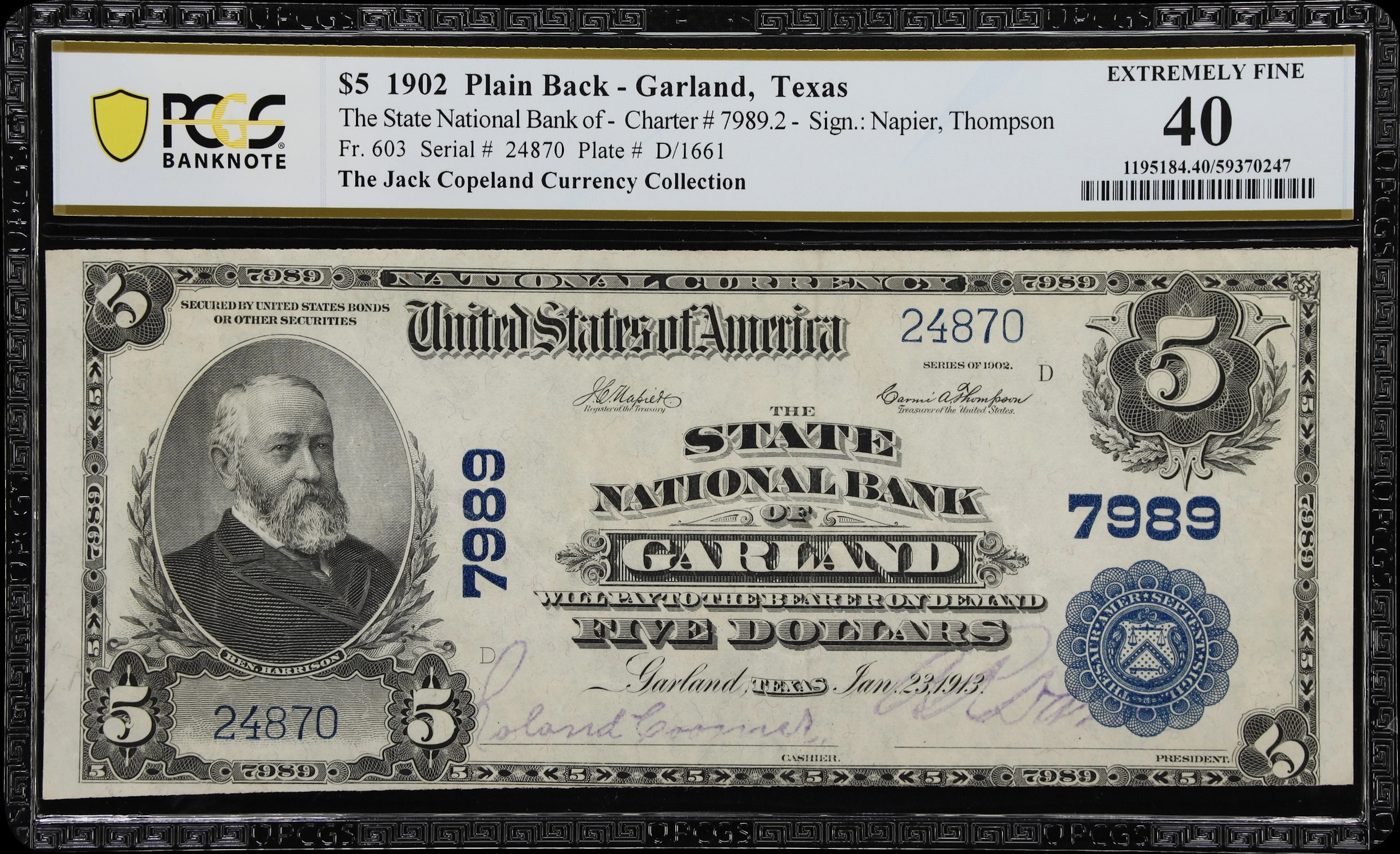Garland, Texas. $5 1902 Plain Back. Fr. 603. State NB. Charter #7989.