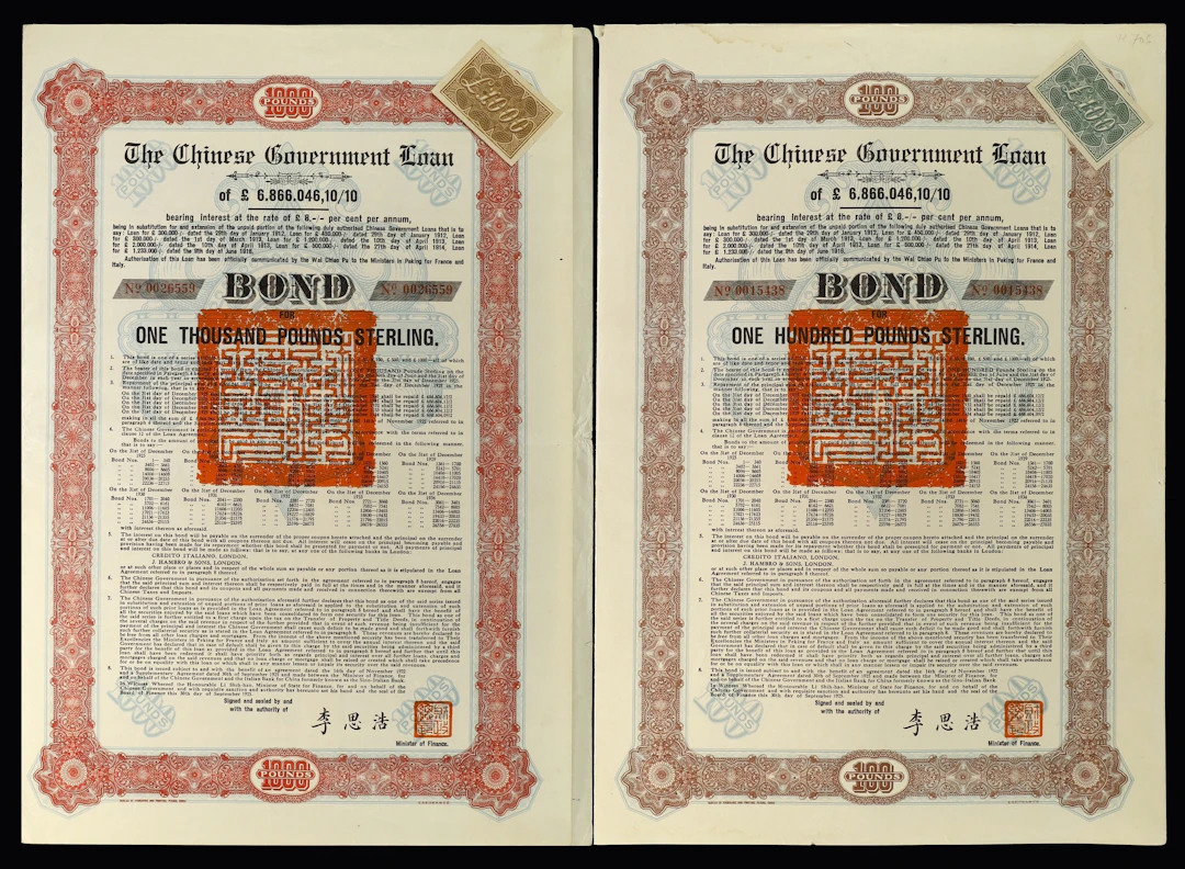 CHINA--REPUBLIC. Lot of (2). 1925 8% The Chinese Government (Skoda)