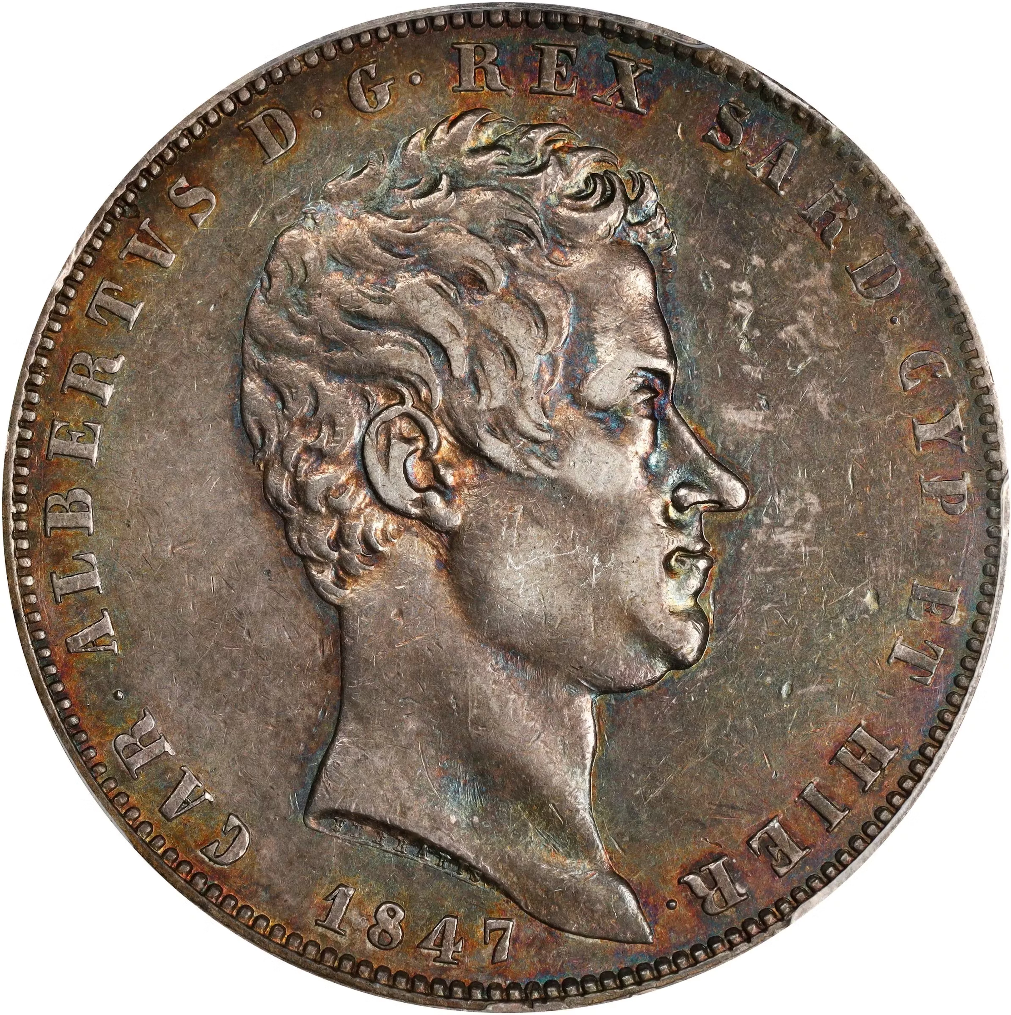 ITALY. Sardinia. 5 Lire, 1847-P. Genoa Mint. Carlo Alberto. PCGS AU-50.