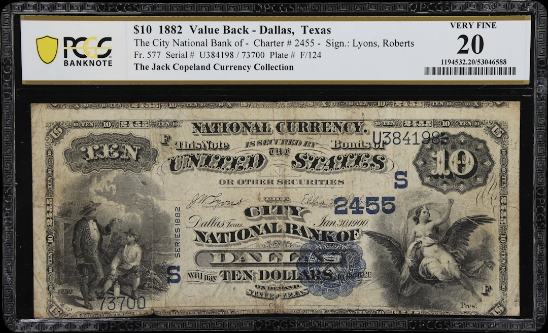 Dallas, Texas. $10 1882 Value Back. Fr. 577. City NB. Charter #2455.