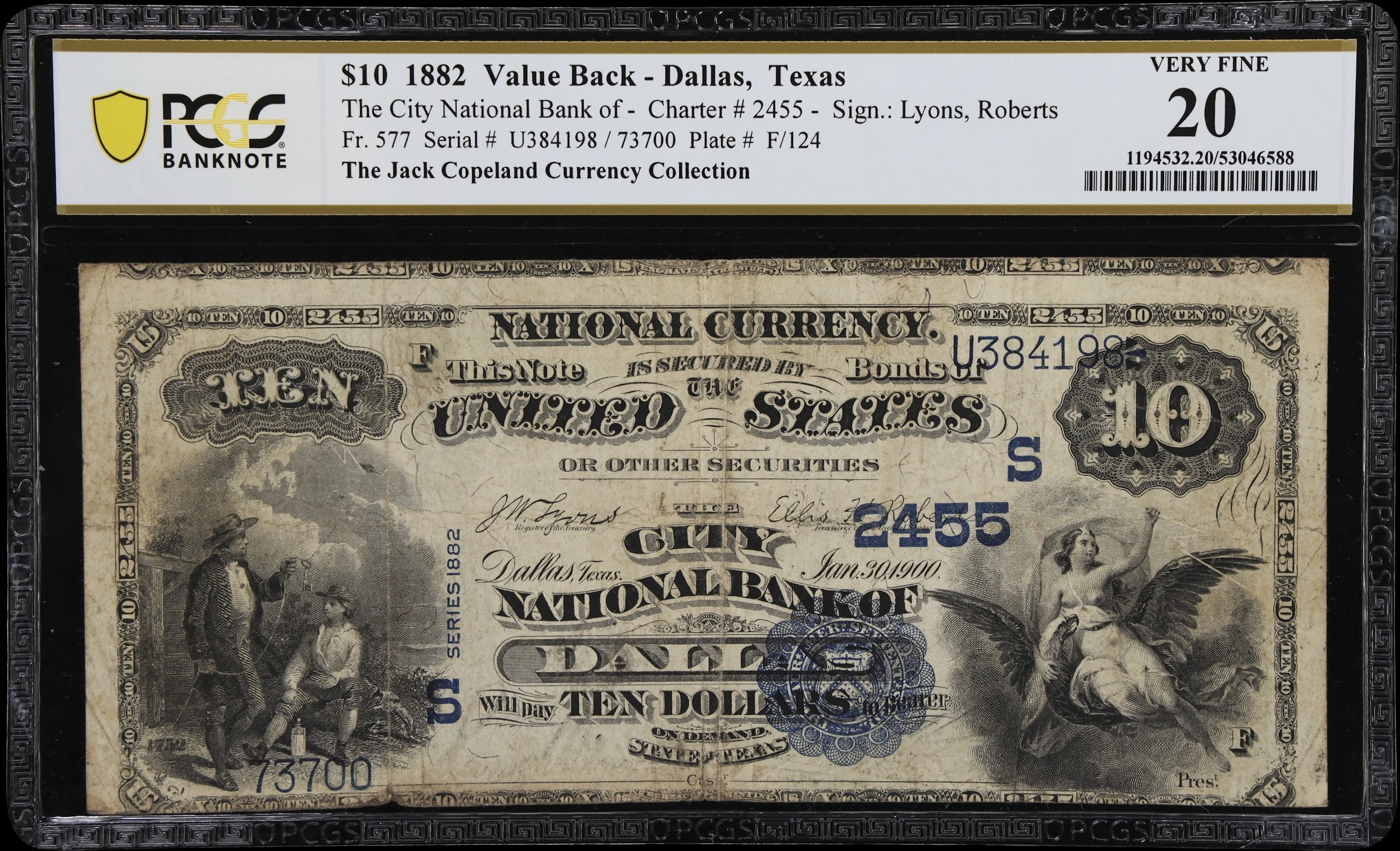 Dallas, Texas. $10 1882 Value Back. Fr. 577. City NB. Charter #2455.
