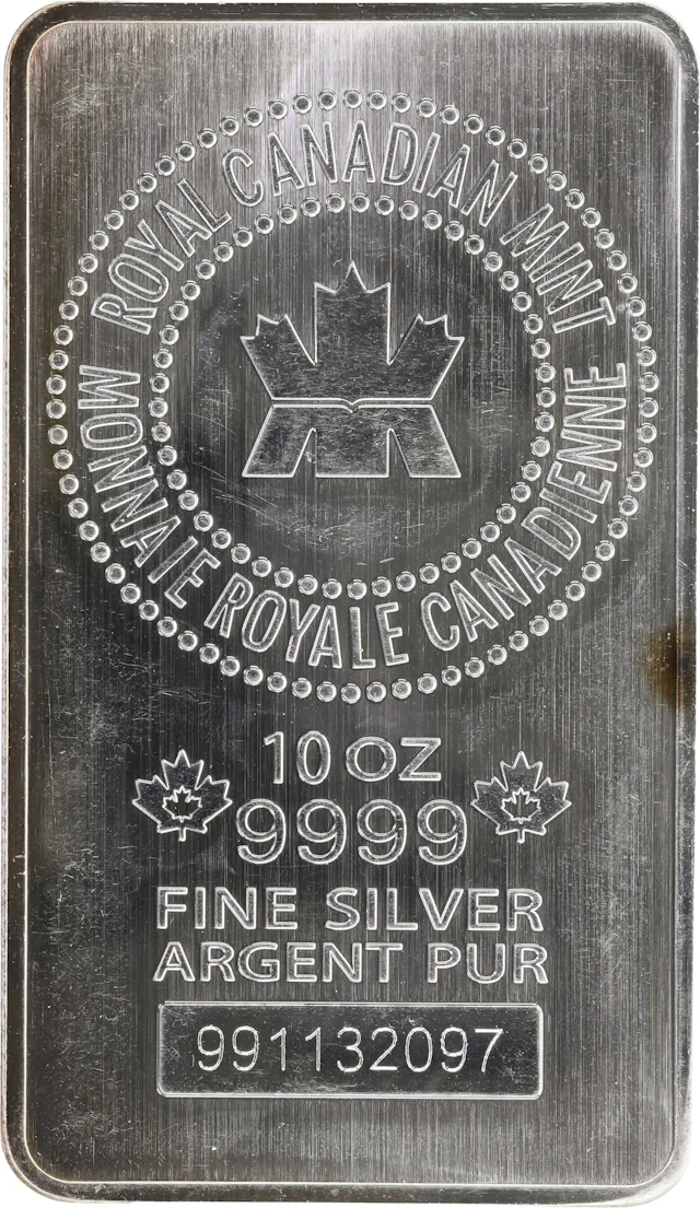 (10 oz, 311.04 g ASW). Royal Canadian Mint 10 oz Silver Bar.