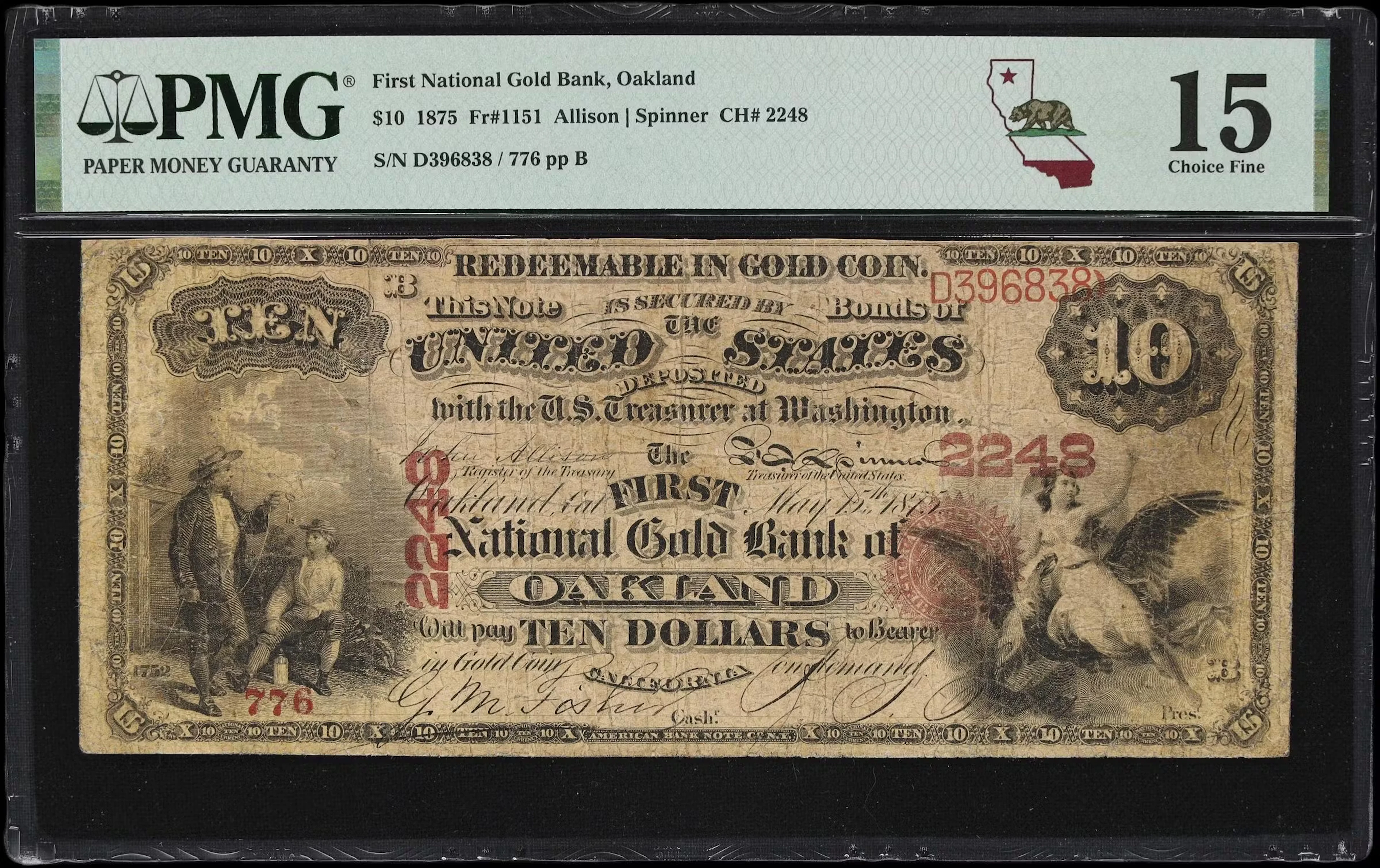 Oakland, California. $10 1875. Fr. 1151. First National Gold Bank.