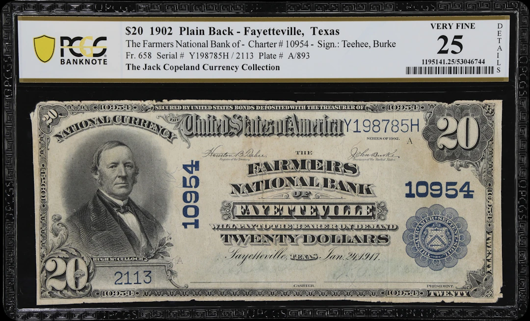 Fayetteville, Texas. $20 1902 Plain Back. Fr. 658. Farmers NB. Charter