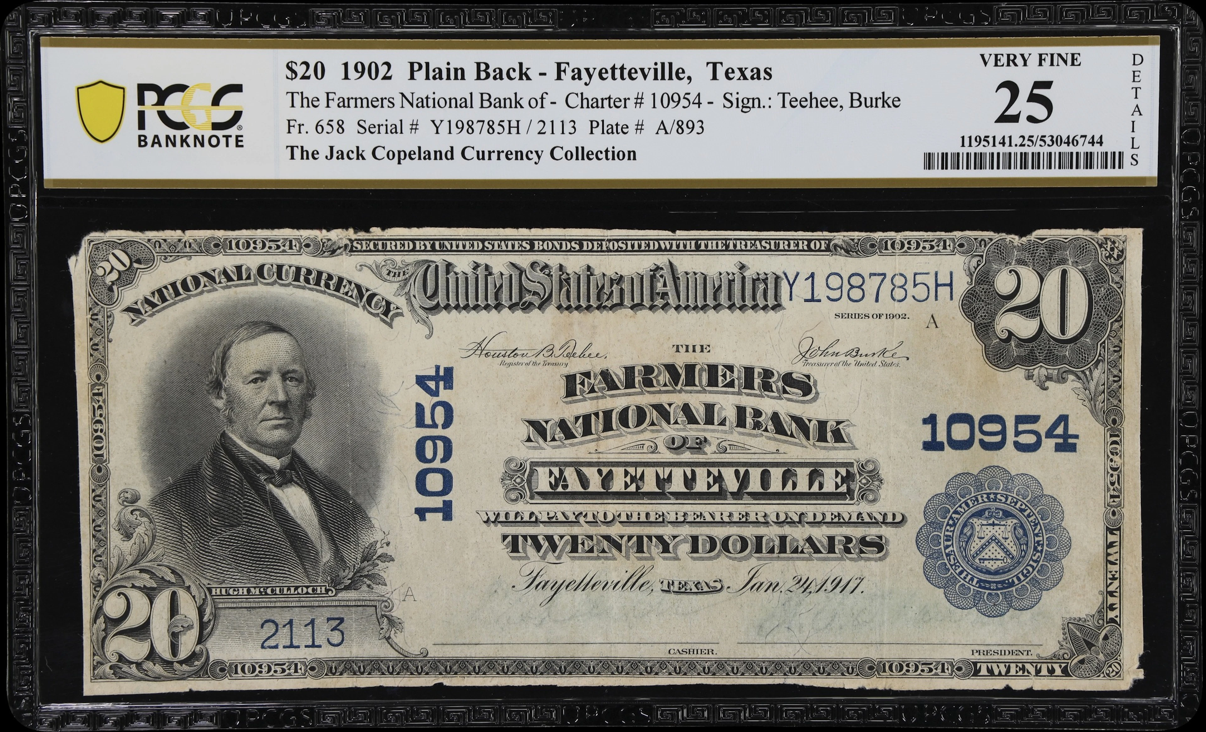 Fayetteville, Texas. $20 1902 Plain Back. Fr. 658. Farmers NB. Charter