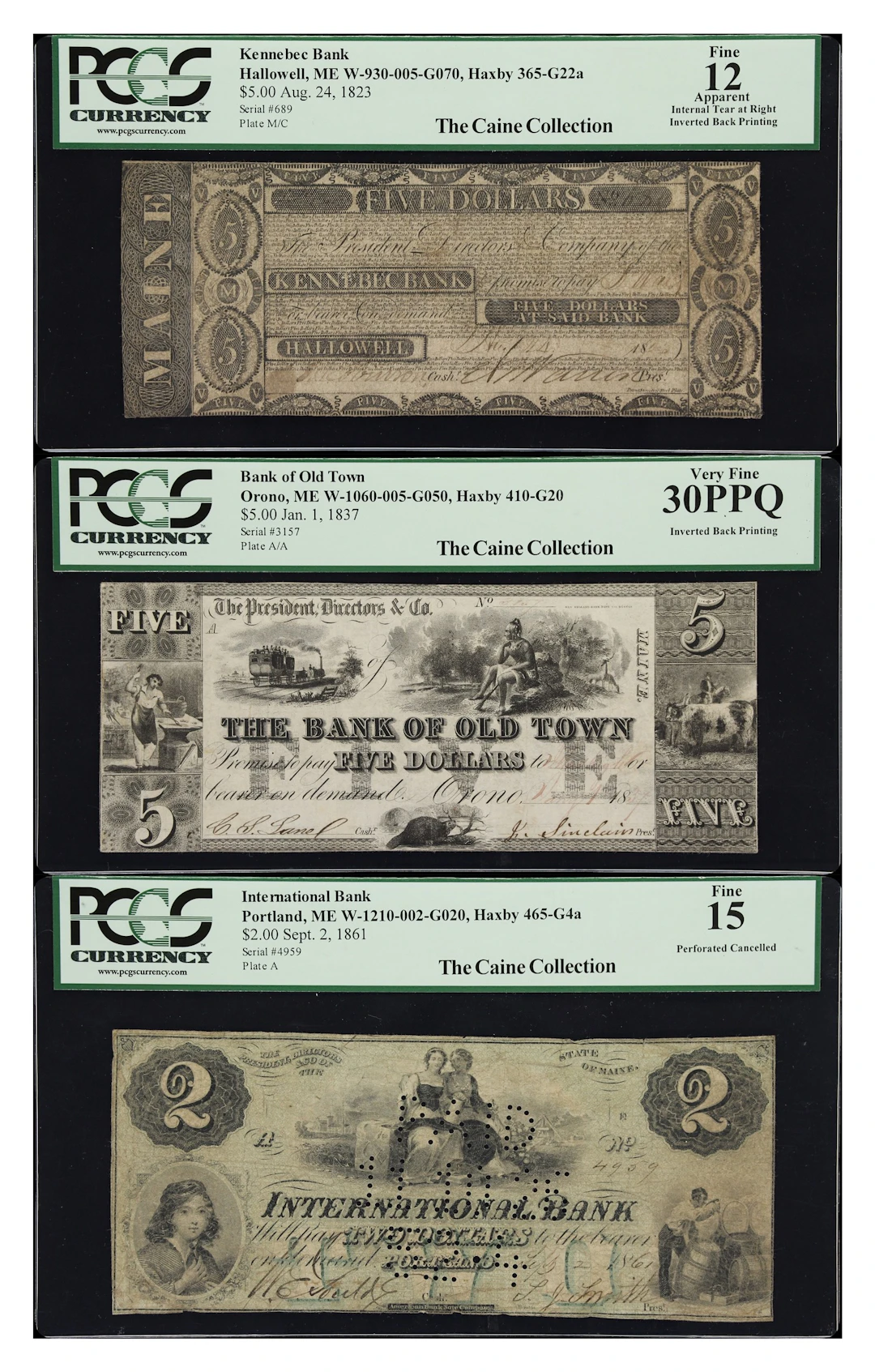 Lot of (3) Hallowell, Orono & Portland, Maine. Mixed Issuers. 1823-61