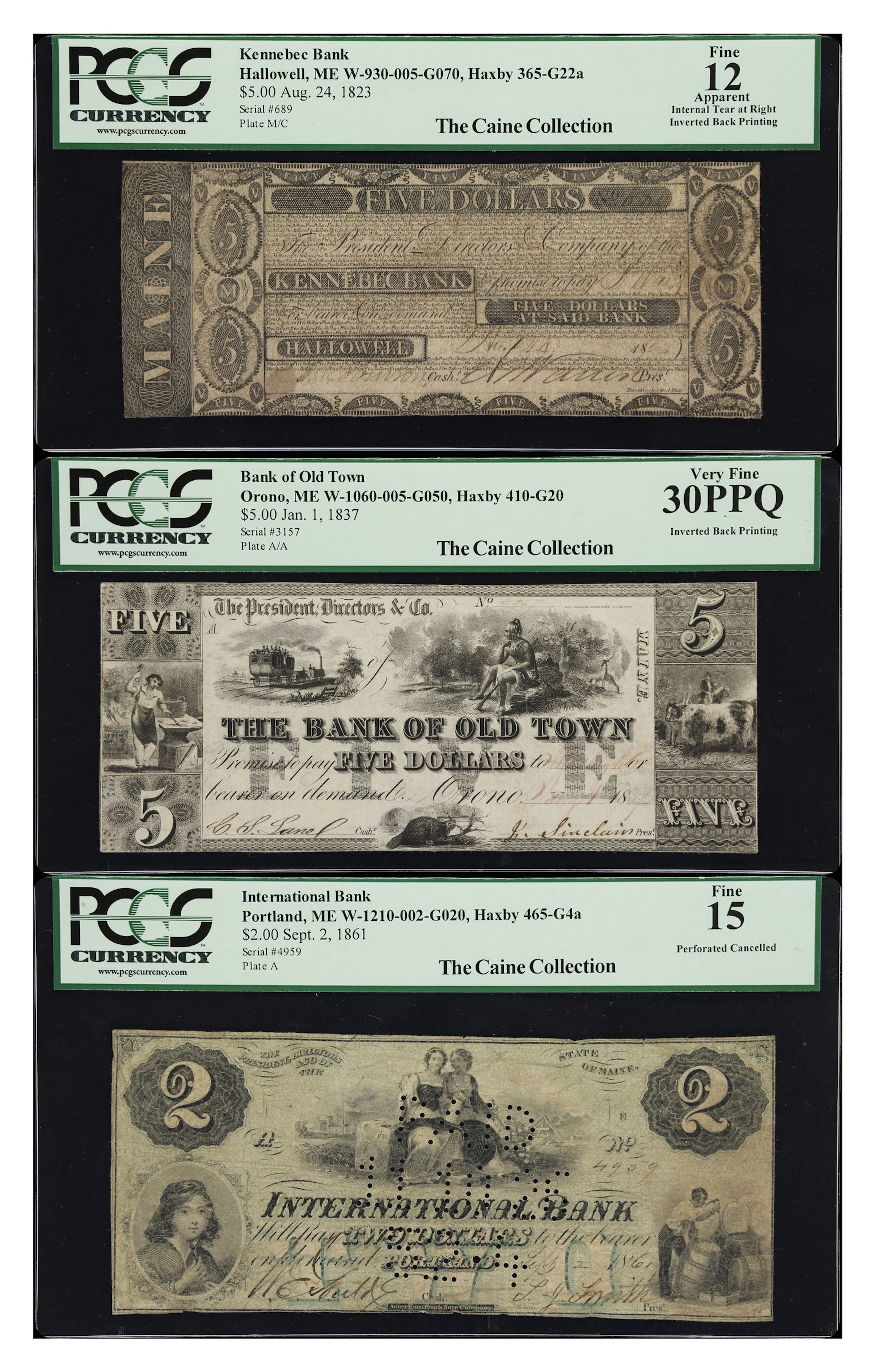 Lot of (3) Hallowell, Orono & Portland, Maine. Mixed Issuers. 1823-61