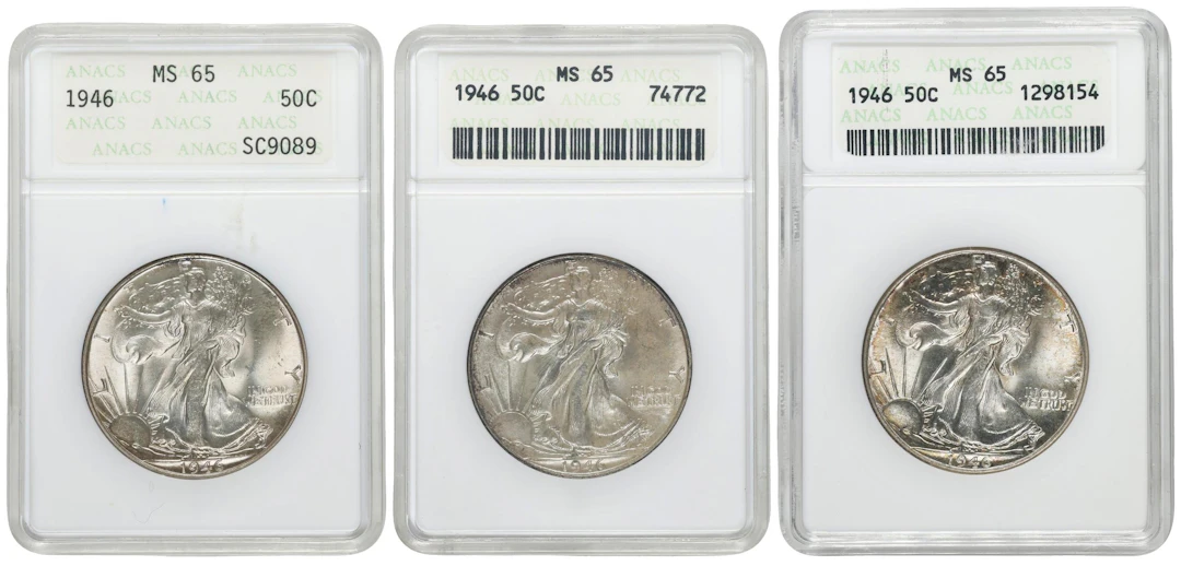 Lot of (3) 1946 Walking Liberty Half Dollars. MS-65 (ANACS). OH.