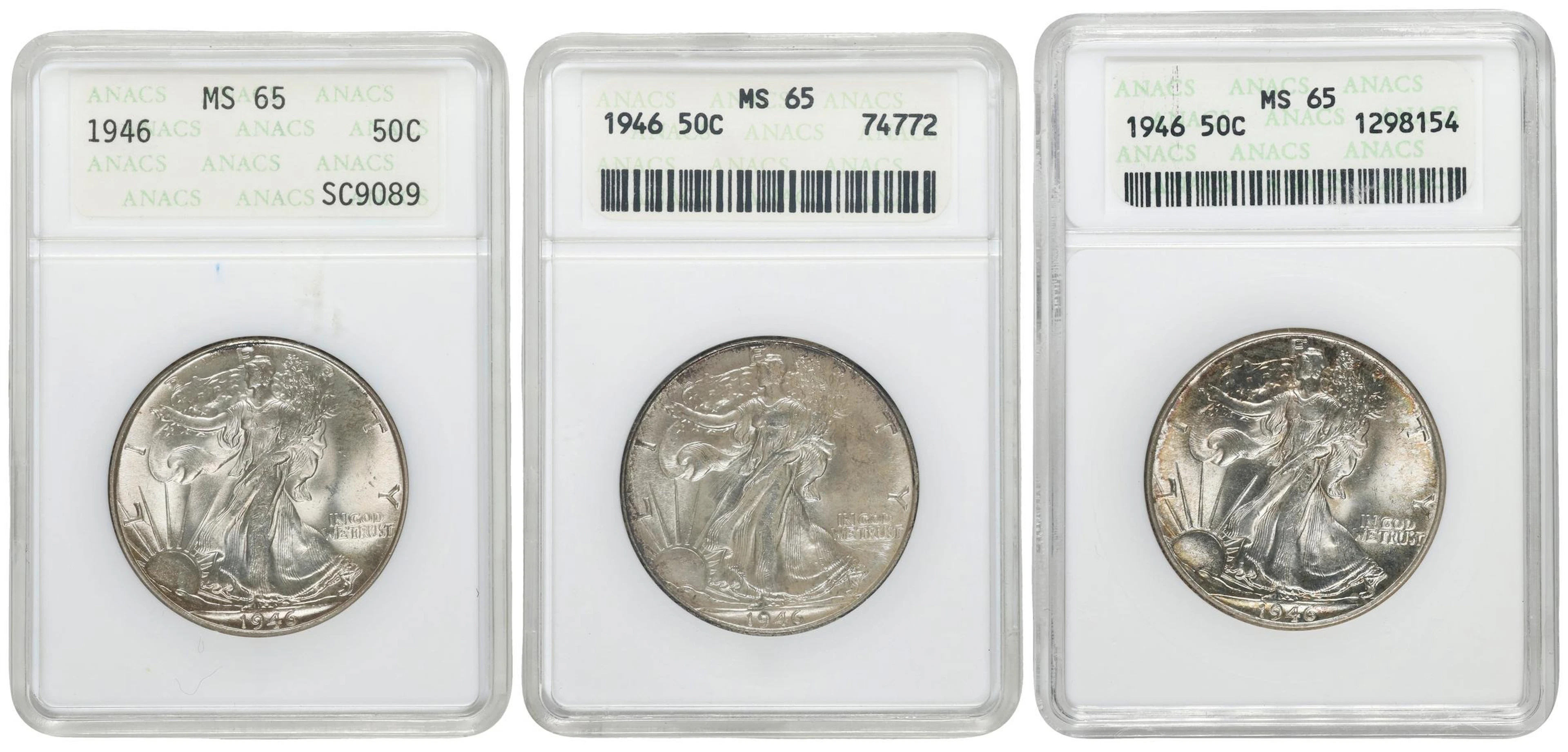 Lot of (3) 1946 Walking Liberty Half Dollars. MS-65 (ANACS). OH.