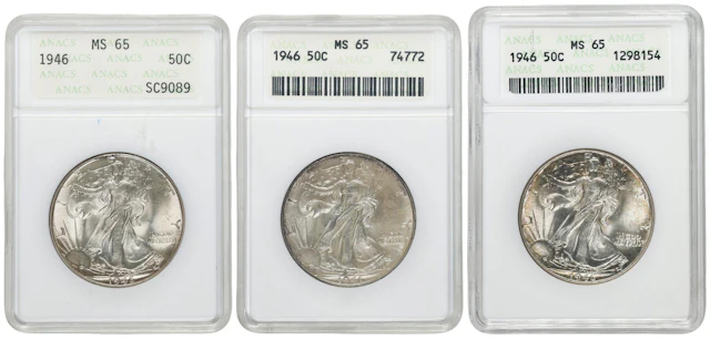 Lot of (3) 1946 Walking Liberty Half Dollars. MS-65 (ANACS). OH.