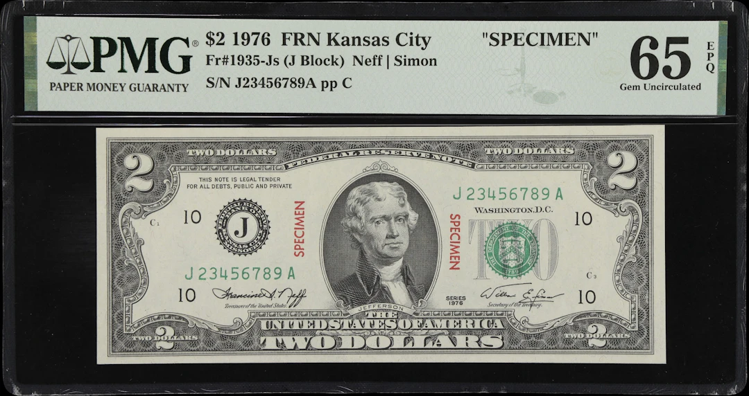 Fr. 1935-Js. 1976 $2 Federal Reserve Note. Kansas City. PMG Gem Uncirculated