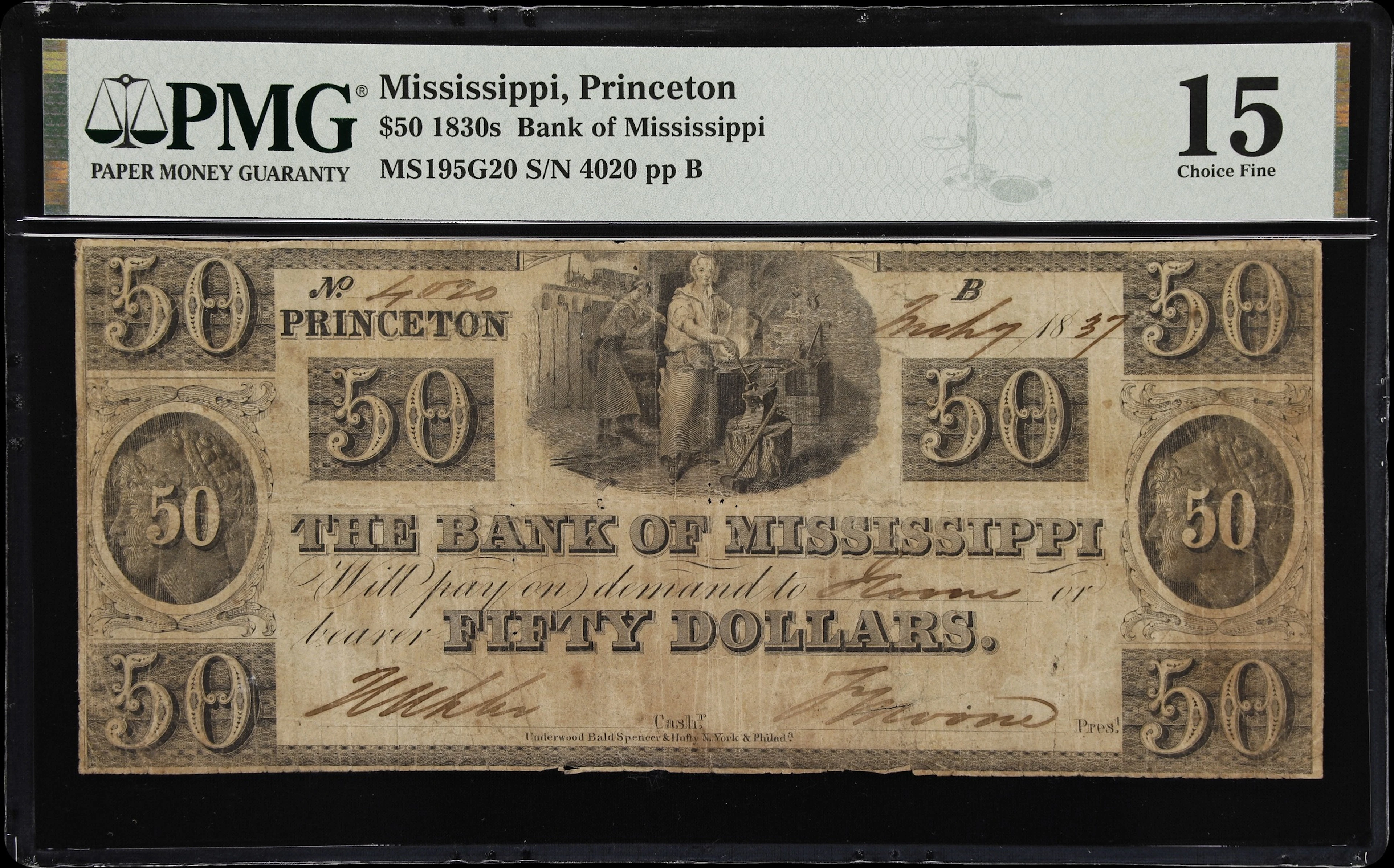 Princeton, Mississippi. Bank of Mississippi. 1837 $50. PMG Choice Fine 15.