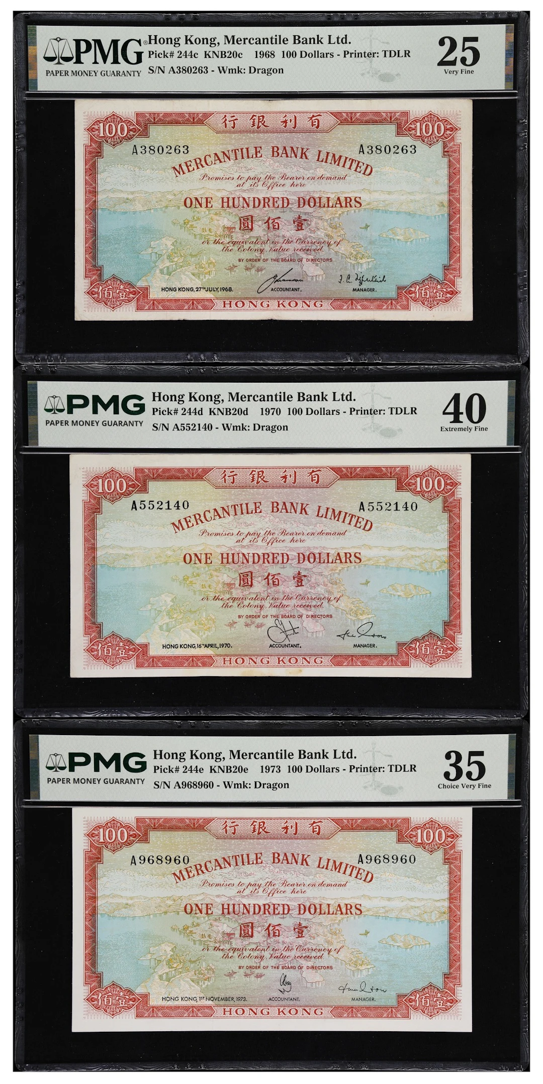 HONG KONG (SAR). Lot of (3). Mercantile Bank Limited. 100 Dollars