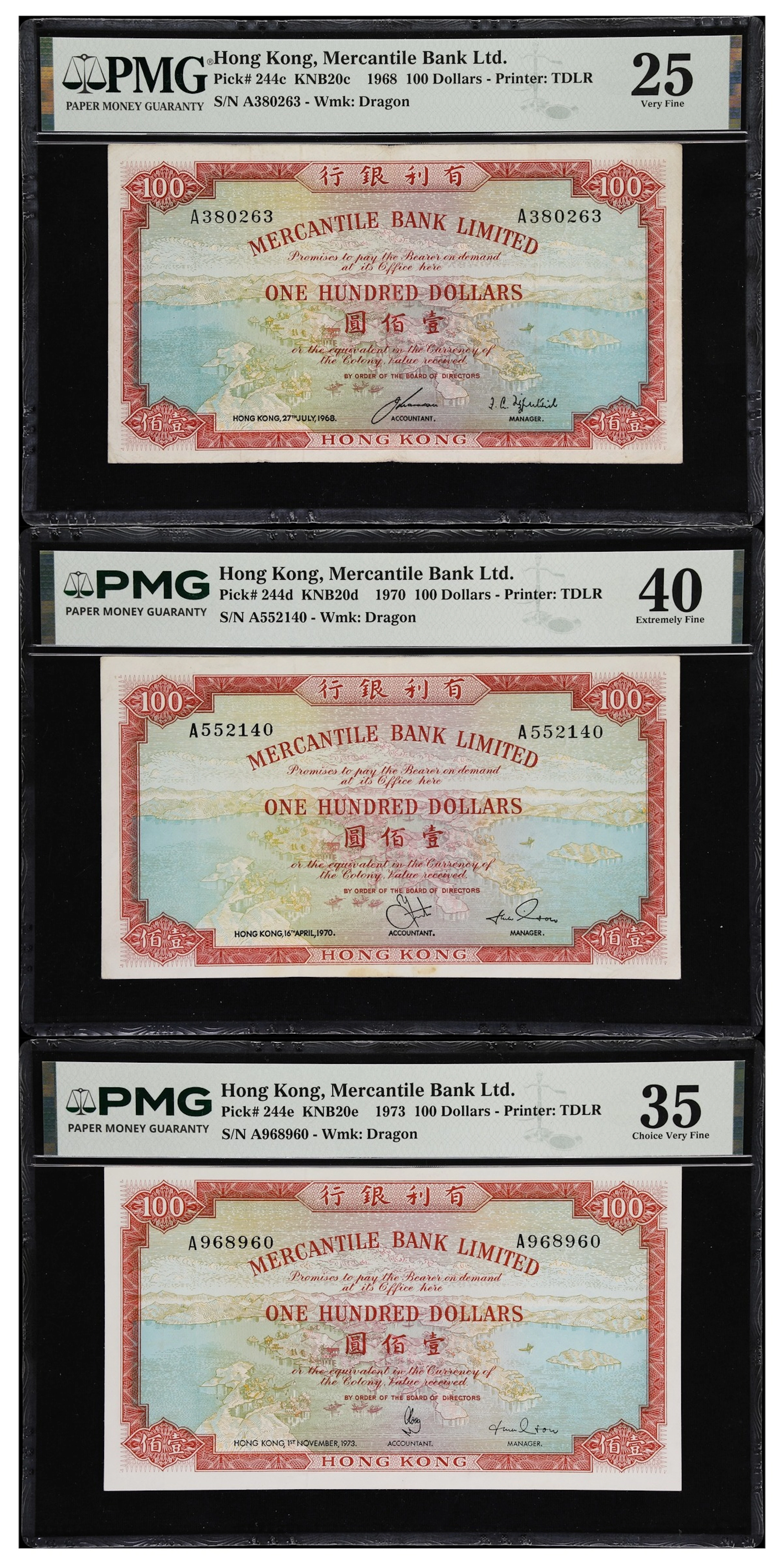 HONG KONG (SAR). Lot of (3). Mercantile Bank Limited. 100 Dollars
