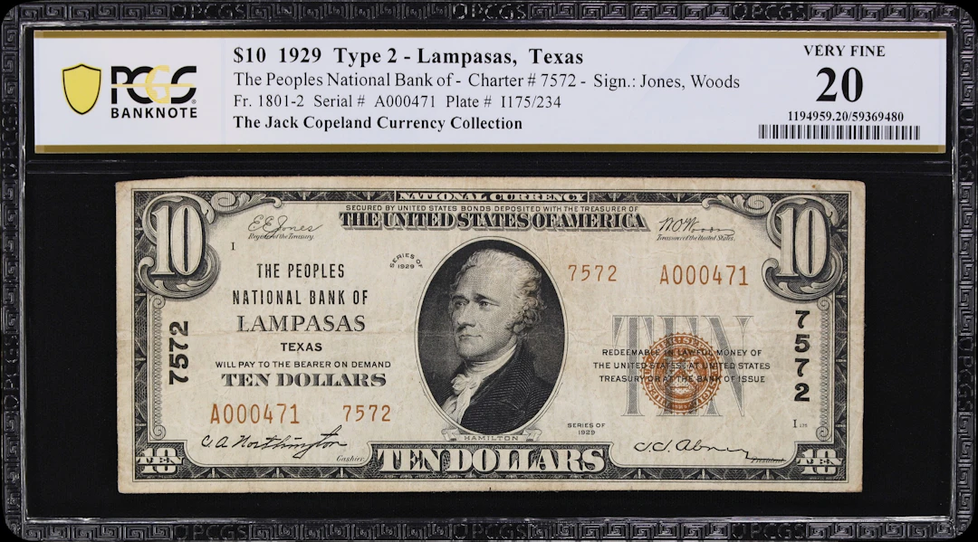 Lampasas, Texas. $10 1929 Ty. 2. Fr. 1801-2. Peoples NB. Charter #7572.