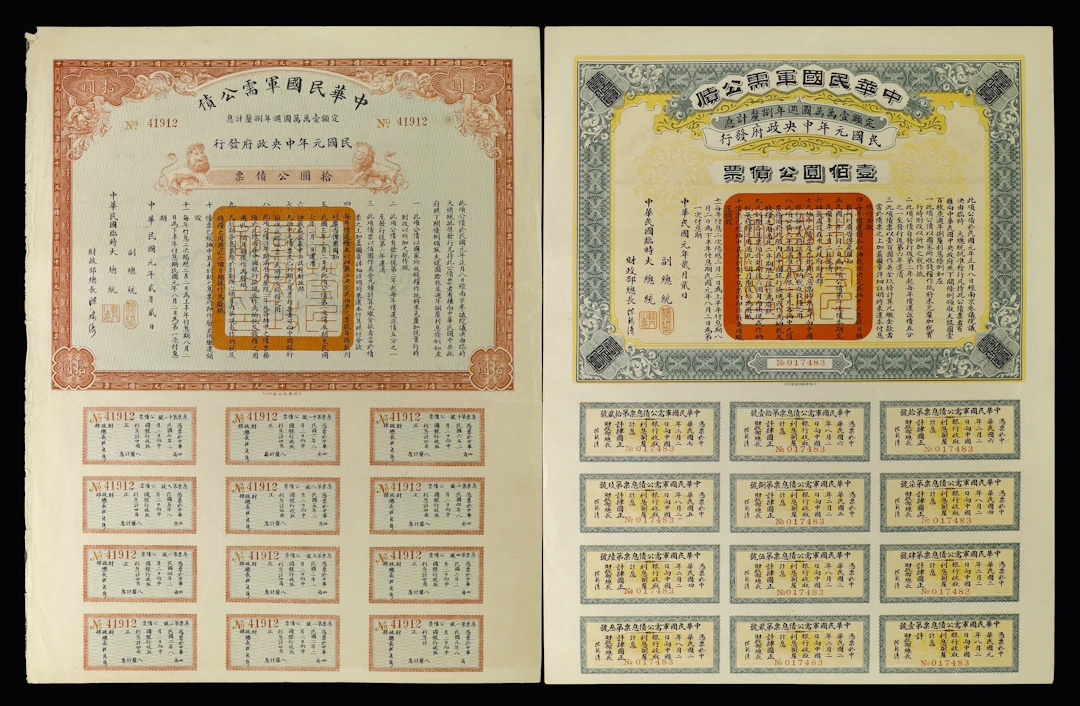 (t) CHINA--REPUBLIC. Lot of (2). 1912 8% The Government of Republic