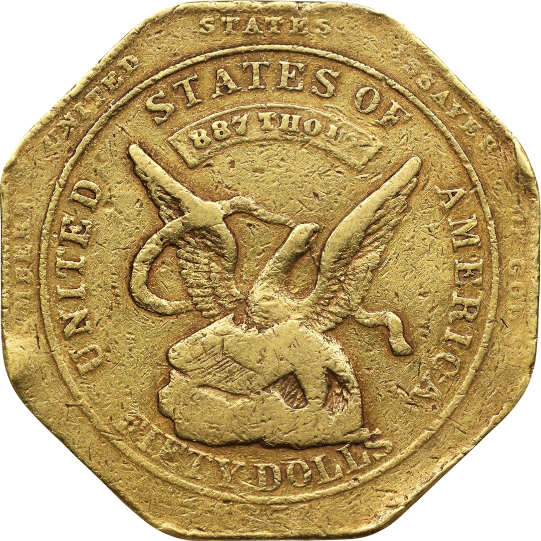1851 Augustus Humbert $50. Reeded Edge. K-6. Rarity-5-. 887 THOUS.