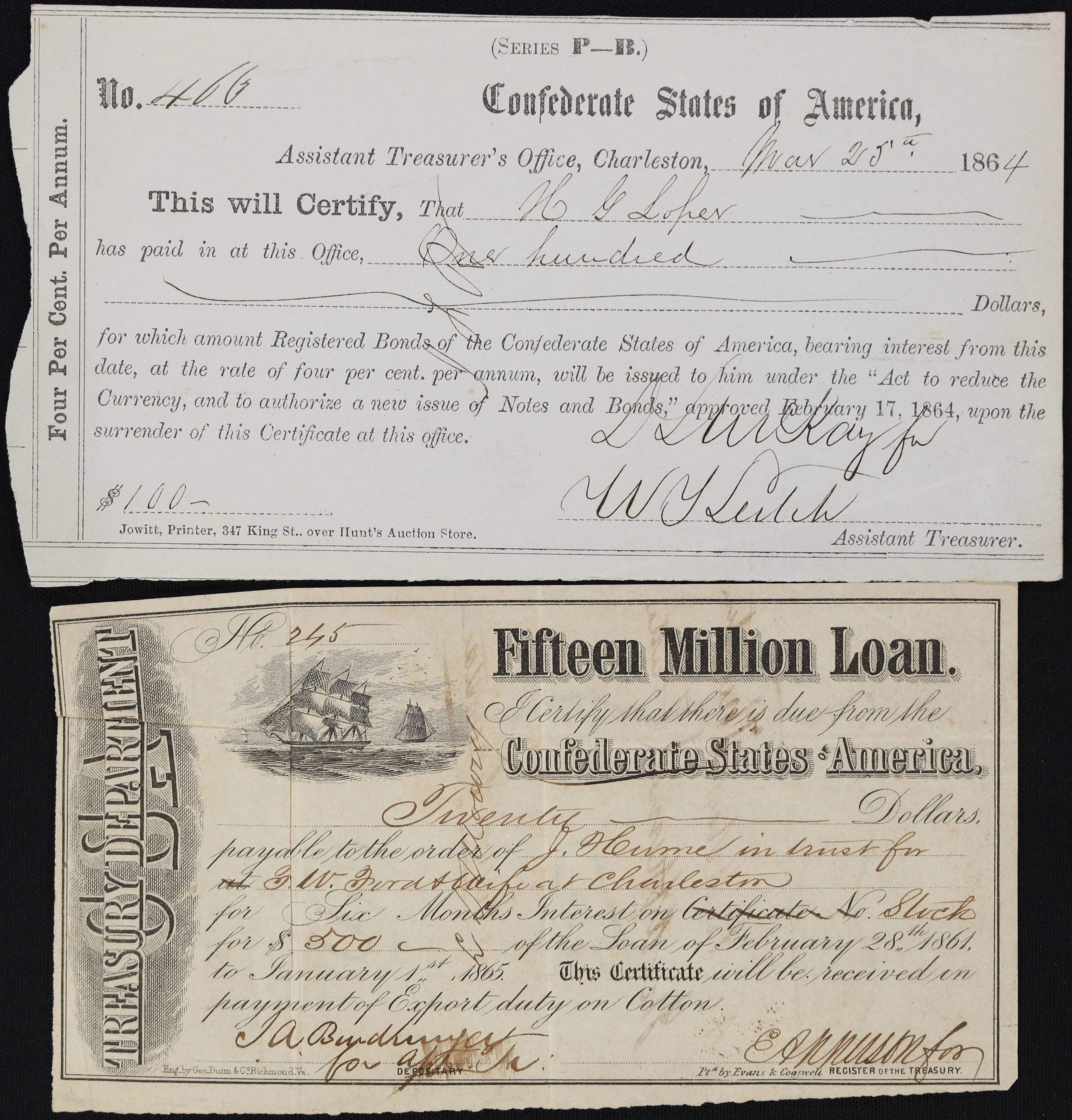 Lot of (2) Mixed Confederate Ephemera. 1861 - 64. Very Fine to Extremely Fine.