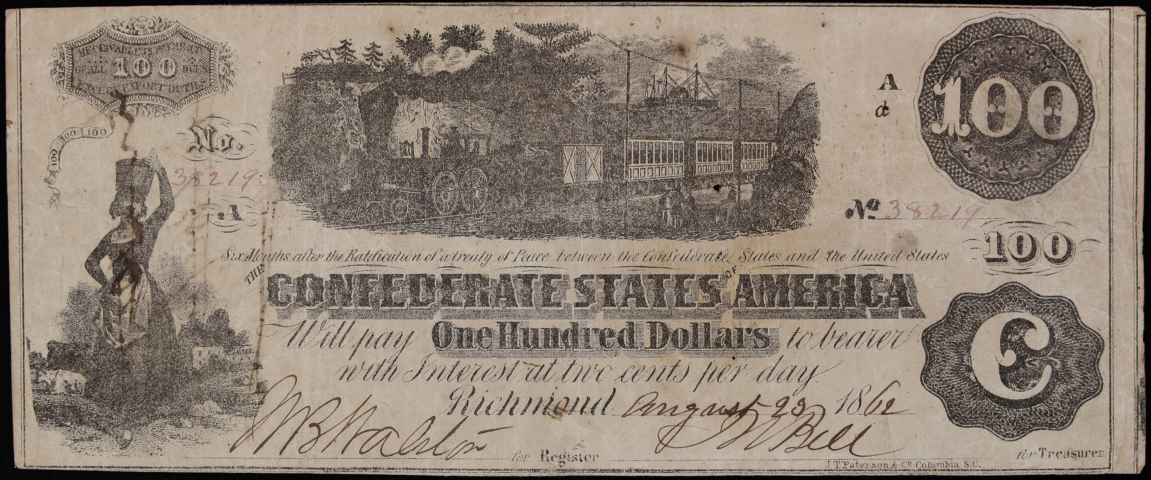 T-40. Confederate Currency. 1862 $100. Very Fine. Penned Military
