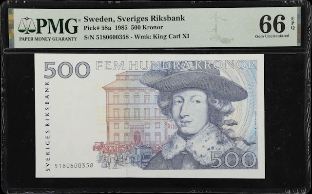 (◊) SWEDEN. Sveriges Riksbank. 500 Kronor, 1985. P-58a. PMG Gem Uncirculated