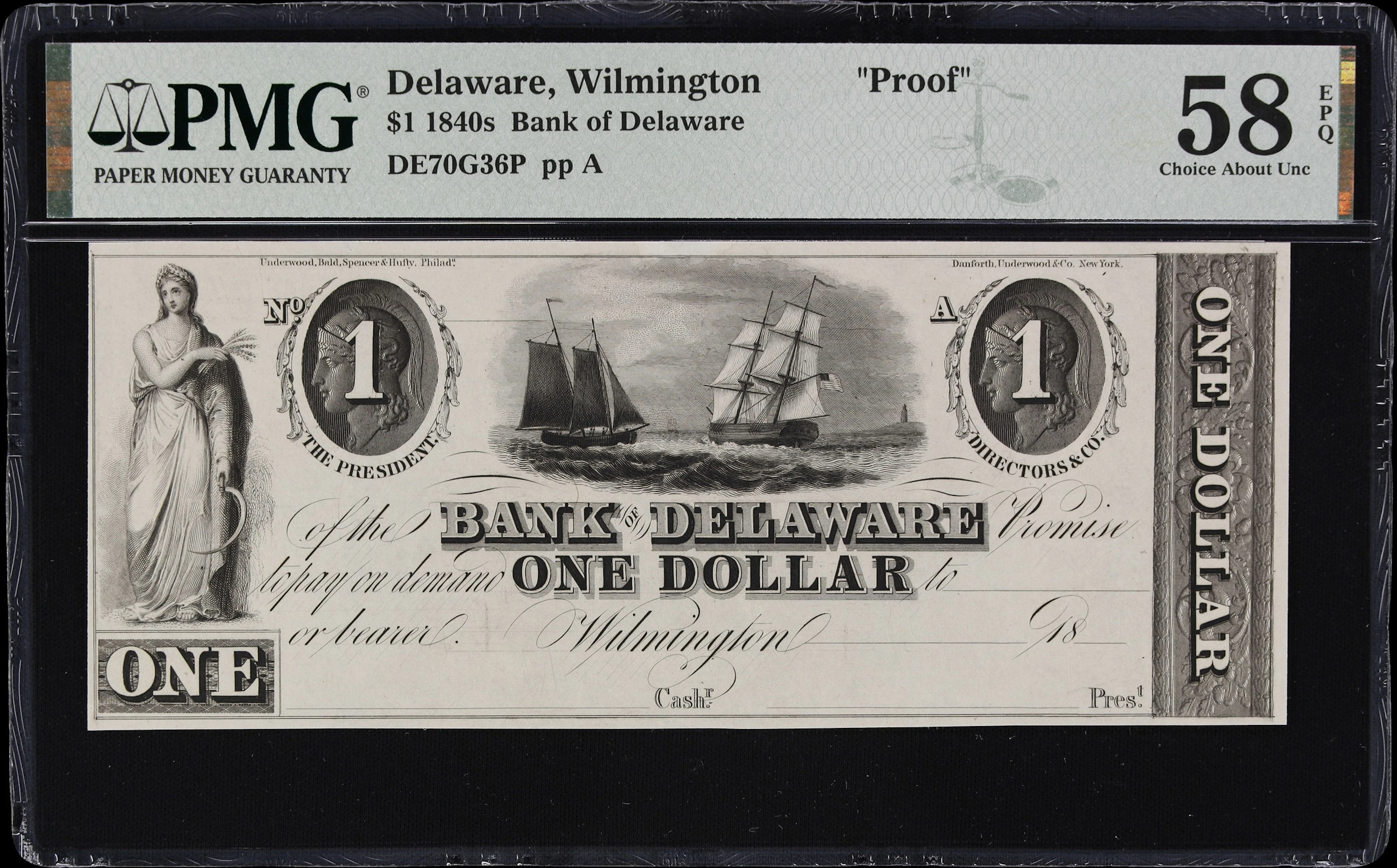 Wilmington, Delaware. Bank of Delaware. 18xx $1. PMG Choice About
