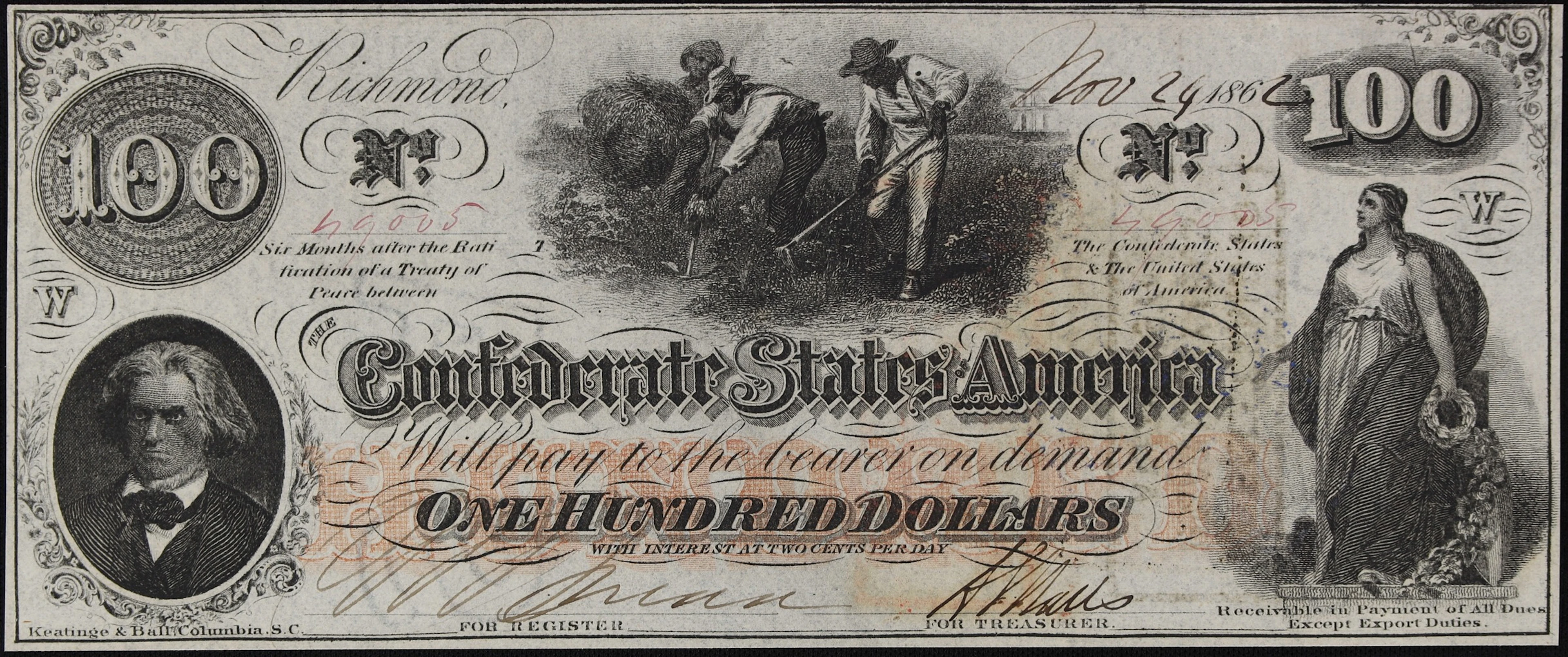 T-41. Confederate Currency. 1862 $100. Choice About Uncirculated.