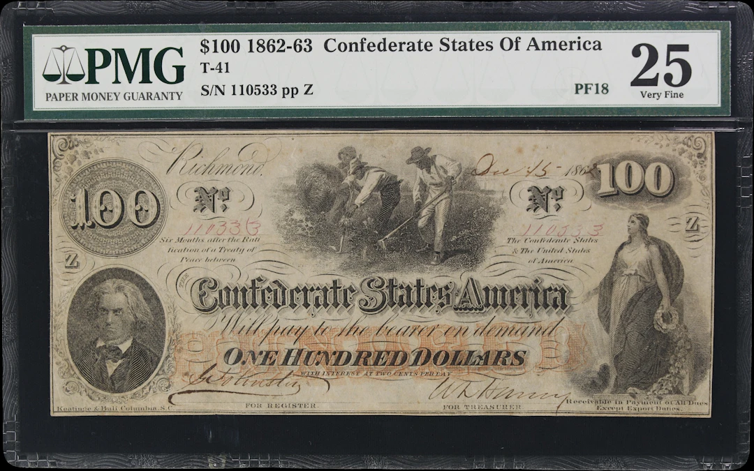T-41. Confederate Currency. 1862 $100. PMG Very Fine 25.
