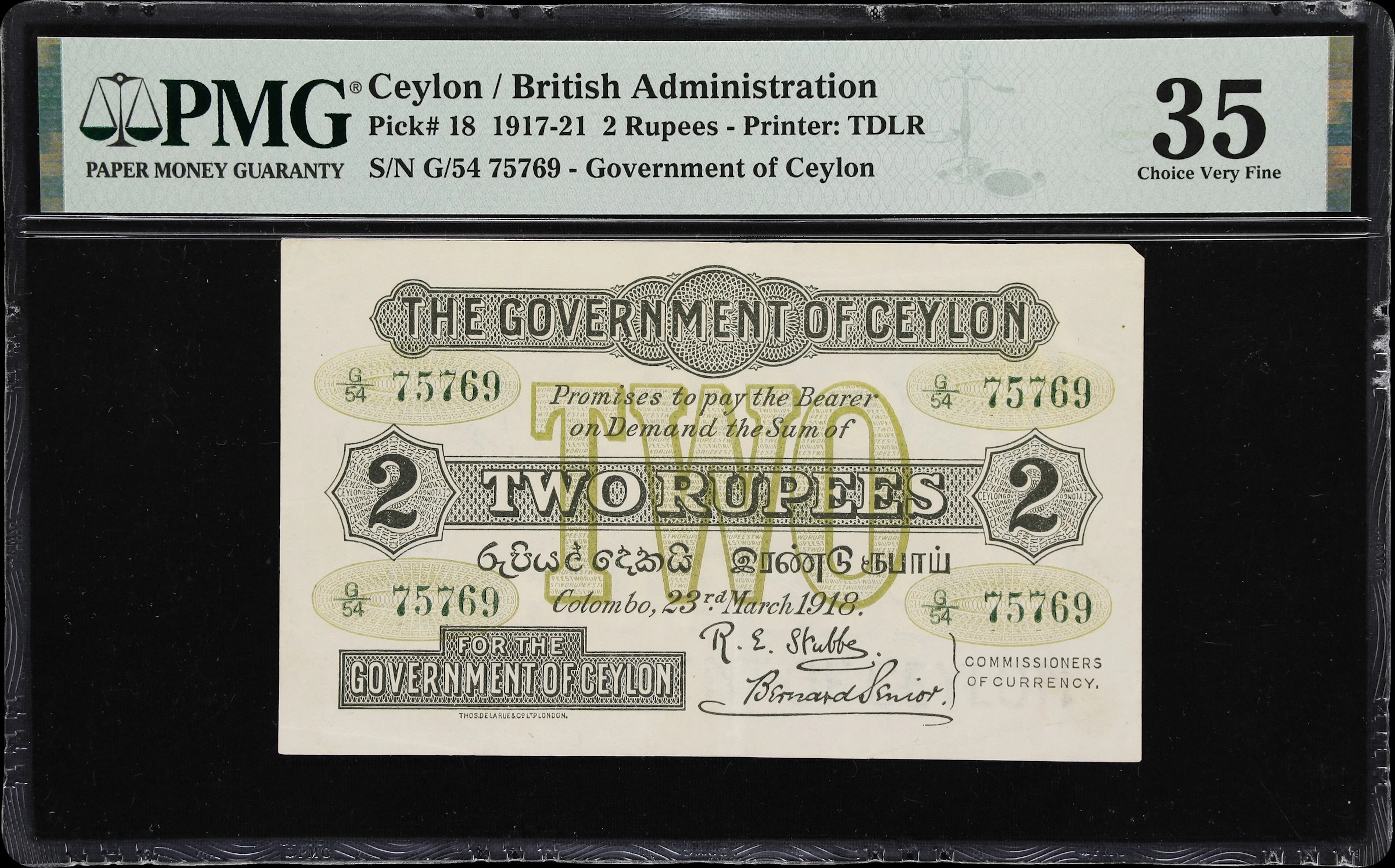CEYLON. Government of Ceylon. 2 Rupees, 23.3.1918. P-18. PMG Choice