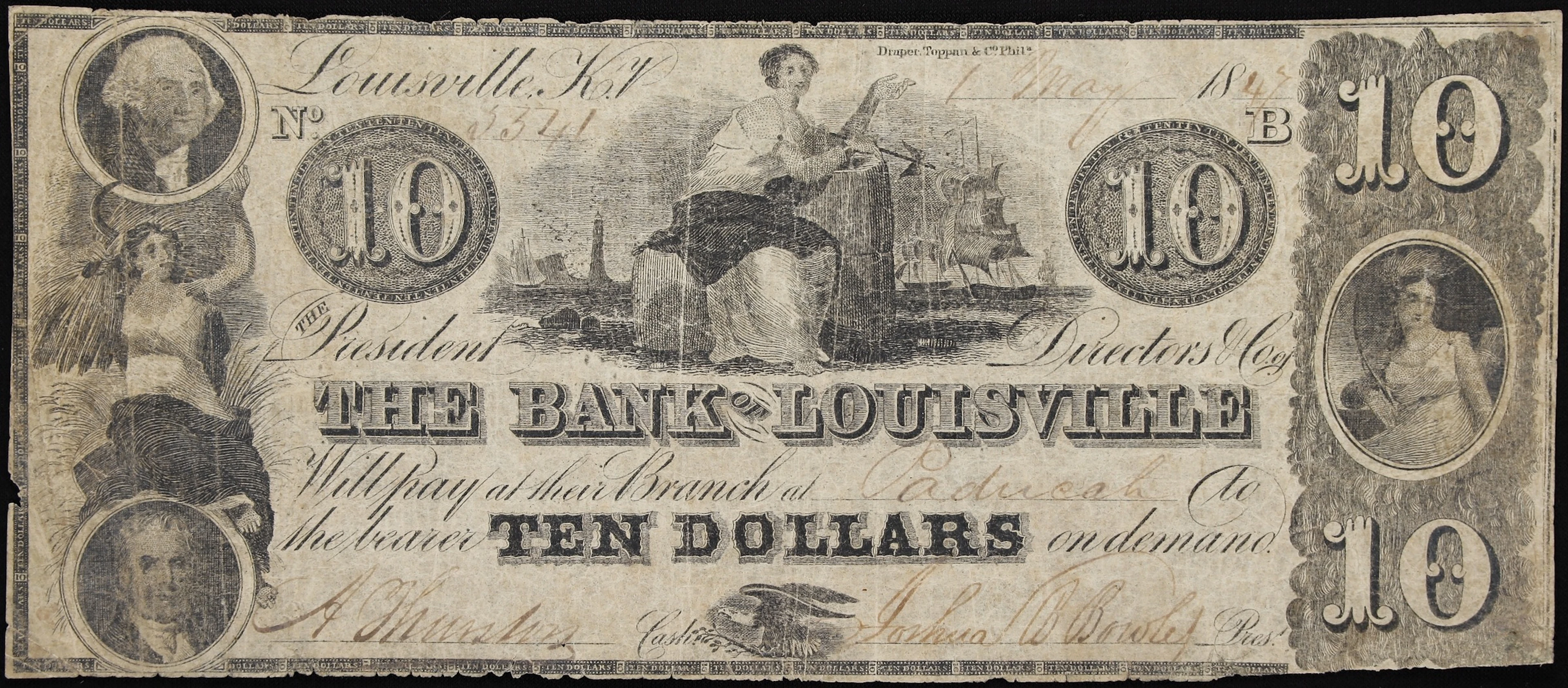 Louisville, Kentucky. Bank of Louisville. 1847 $10. Very Good. Contemporary