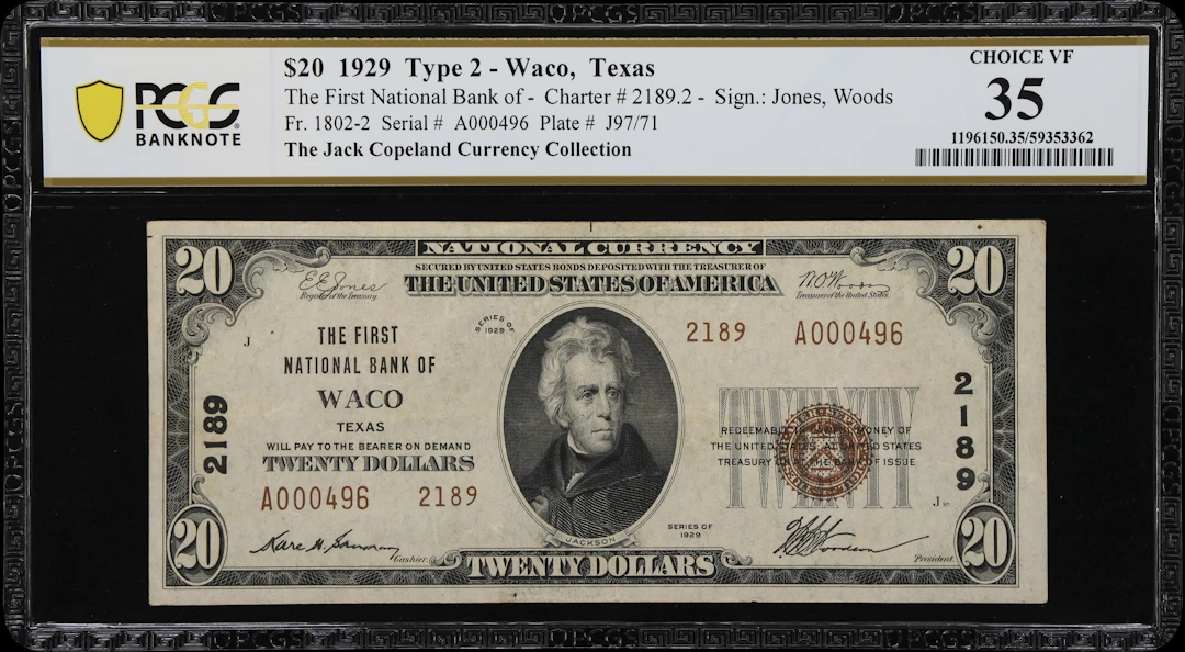 Waco, Texas. $20 1929 Ty. 2. Fr. 1802-2. First NB. Charter #2189.