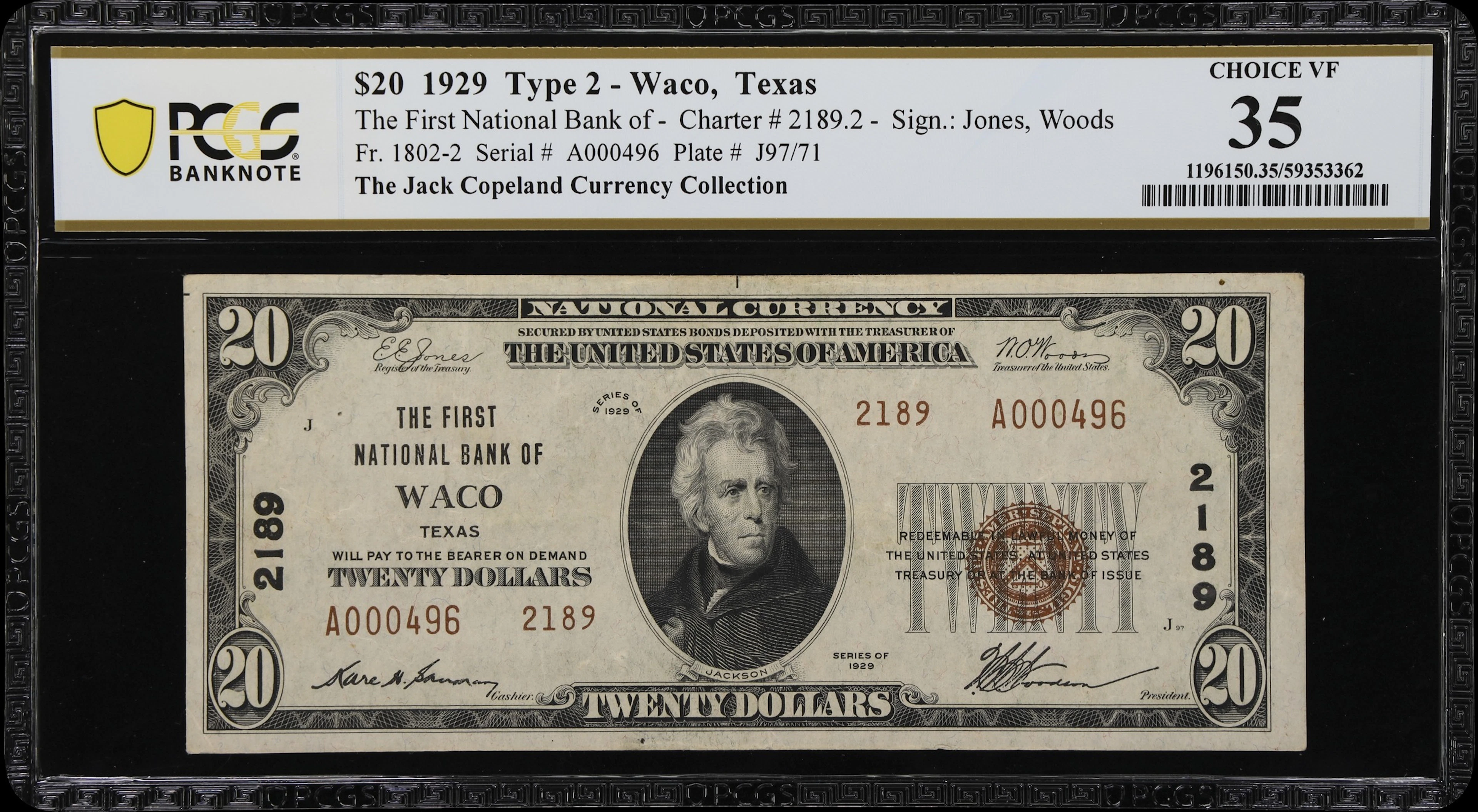 Waco, Texas. $20 1929 Ty. 2. Fr. 1802-2. First NB. Charter #2189.