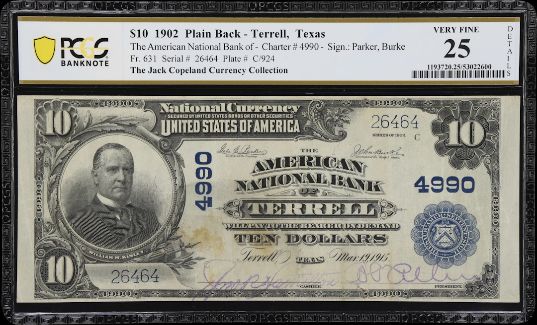 Terrell, Texas. $10 1902 Plain Back. Fr. 631. American NB. Charter