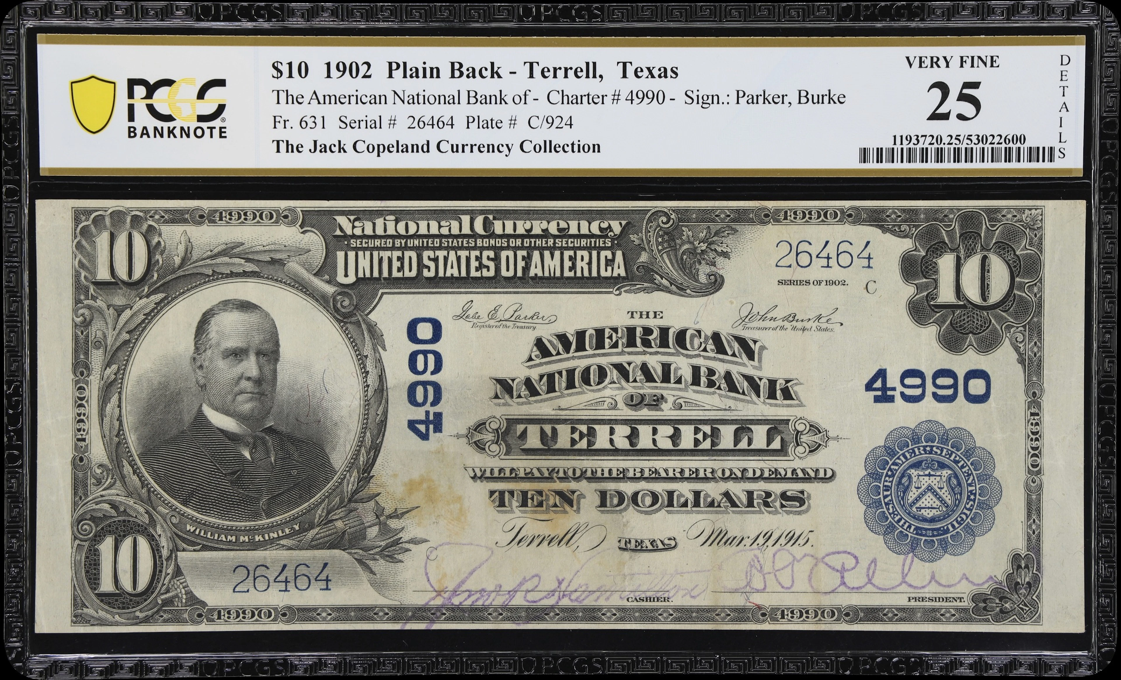 Terrell, Texas. $10 1902 Plain Back. Fr. 631. American NB. Charter