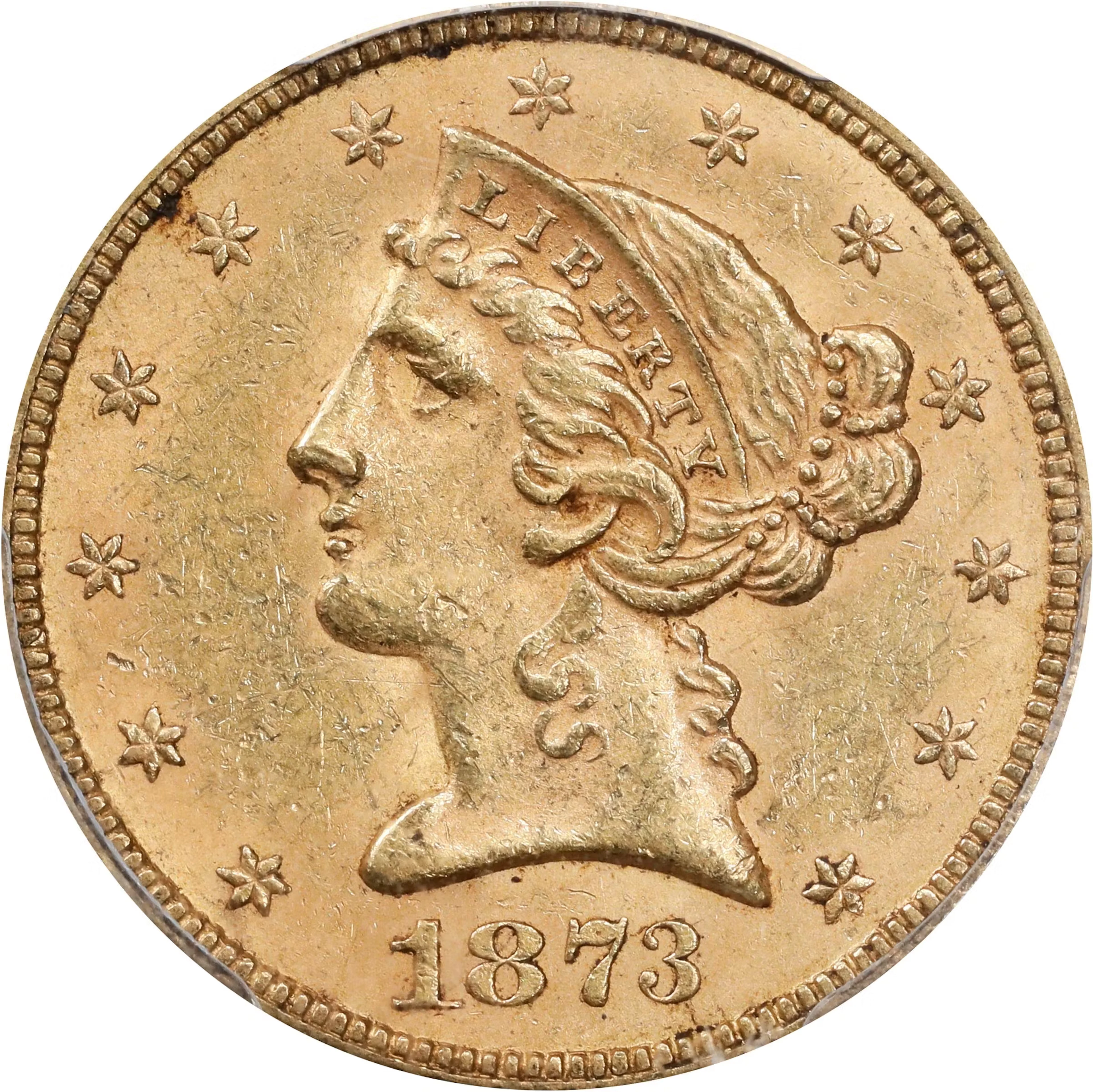 1873 Liberty Head Half Eagle. Open 3. MS-62+ (PCGS). CAC.