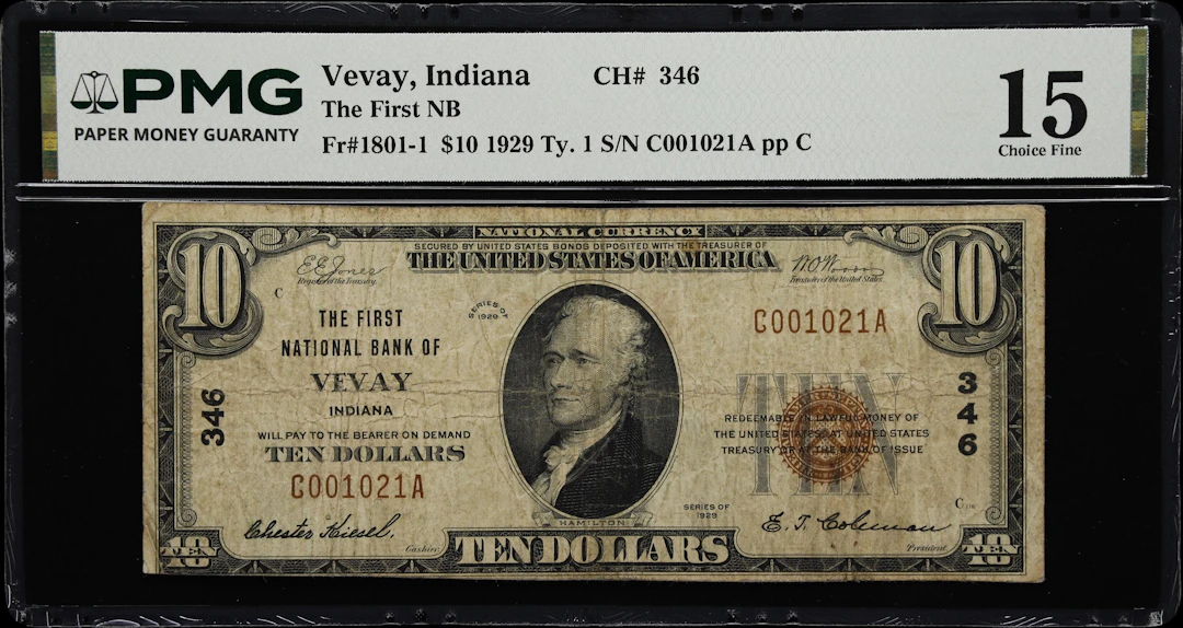 Vevay, Indiana. $10 1929 Ty. 1. Fr. 1801-1. First NB. Charter #346.