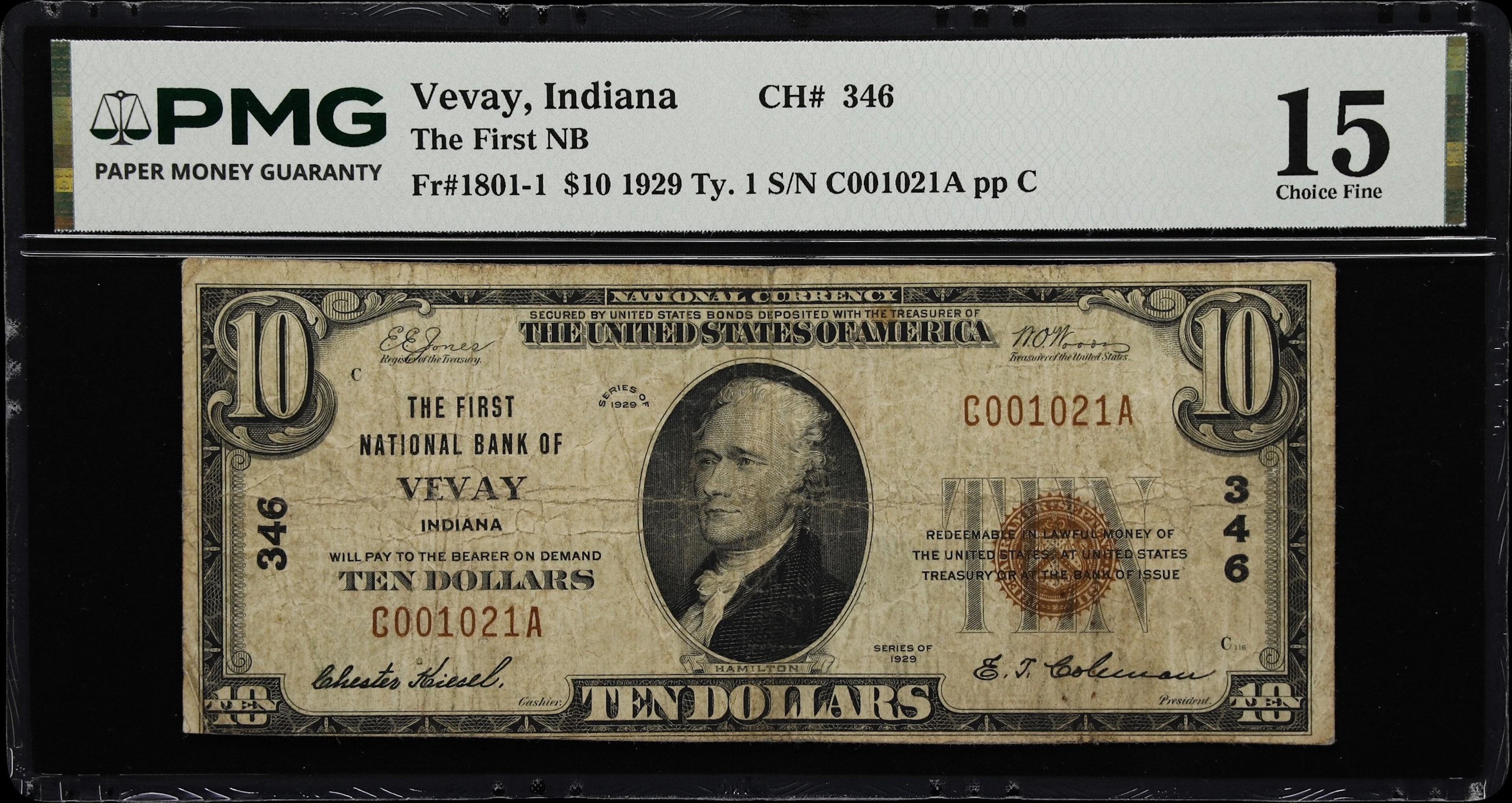 Vevay, Indiana. $10 1929 Ty. 1. Fr. 1801-1. First NB. Charter #346.