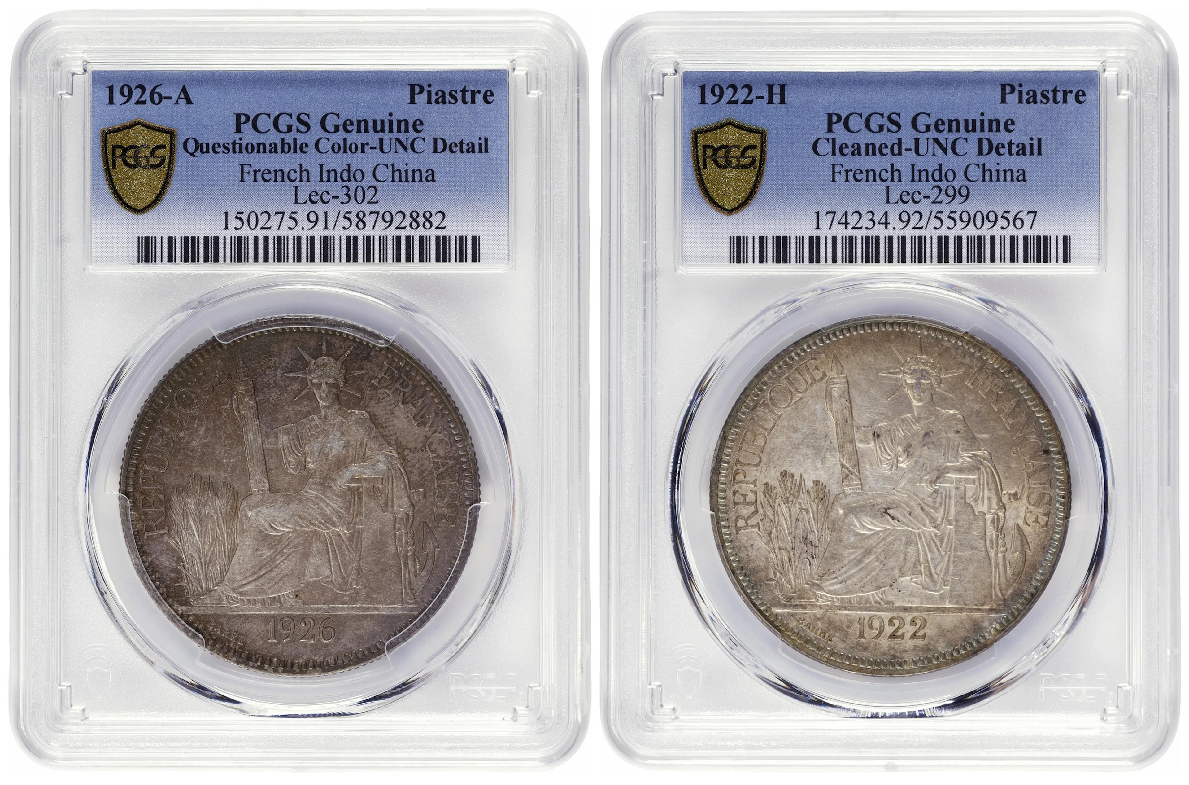 FRENCH INDO-CHINA. Duo of Piastres (2 Pieces), 1922 & 1926. Both PCGS