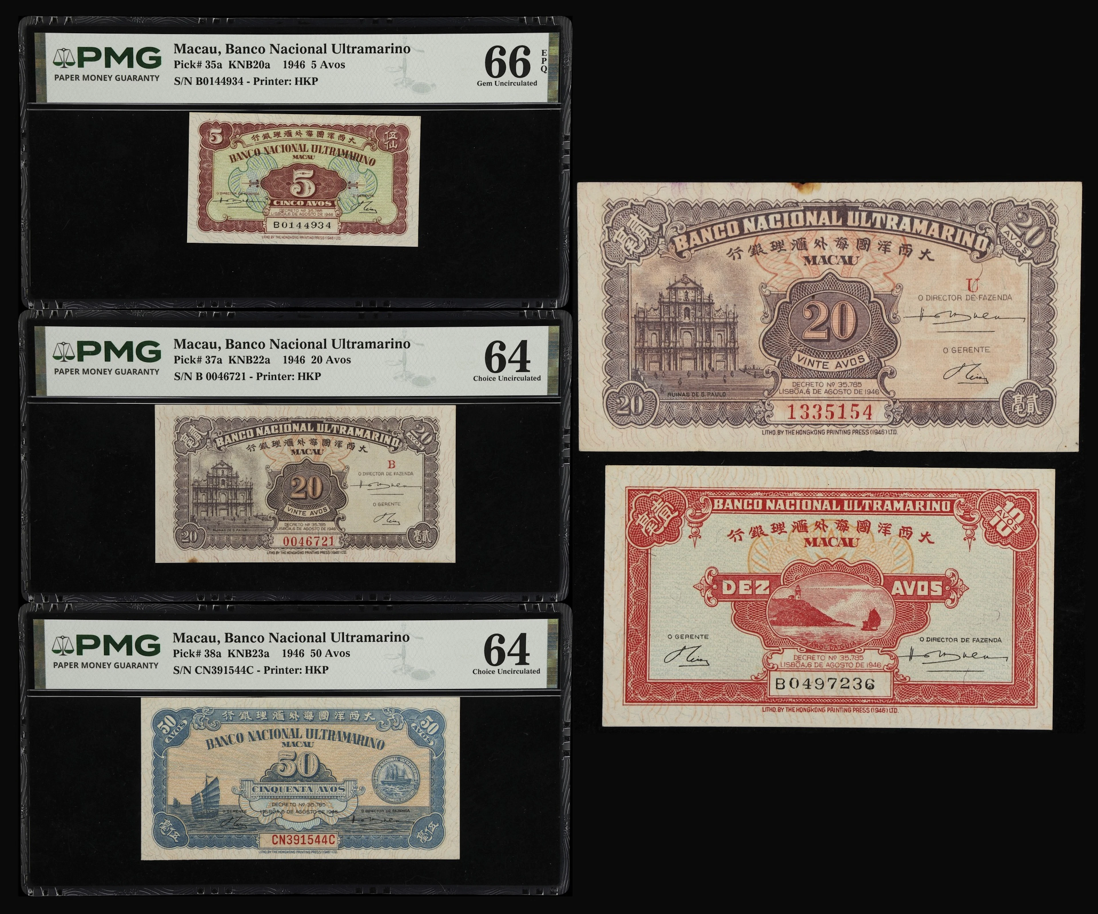 MACAU (SAR). Lot of (5). Banco Nacional Ultramarino. 5, 10, 20, &