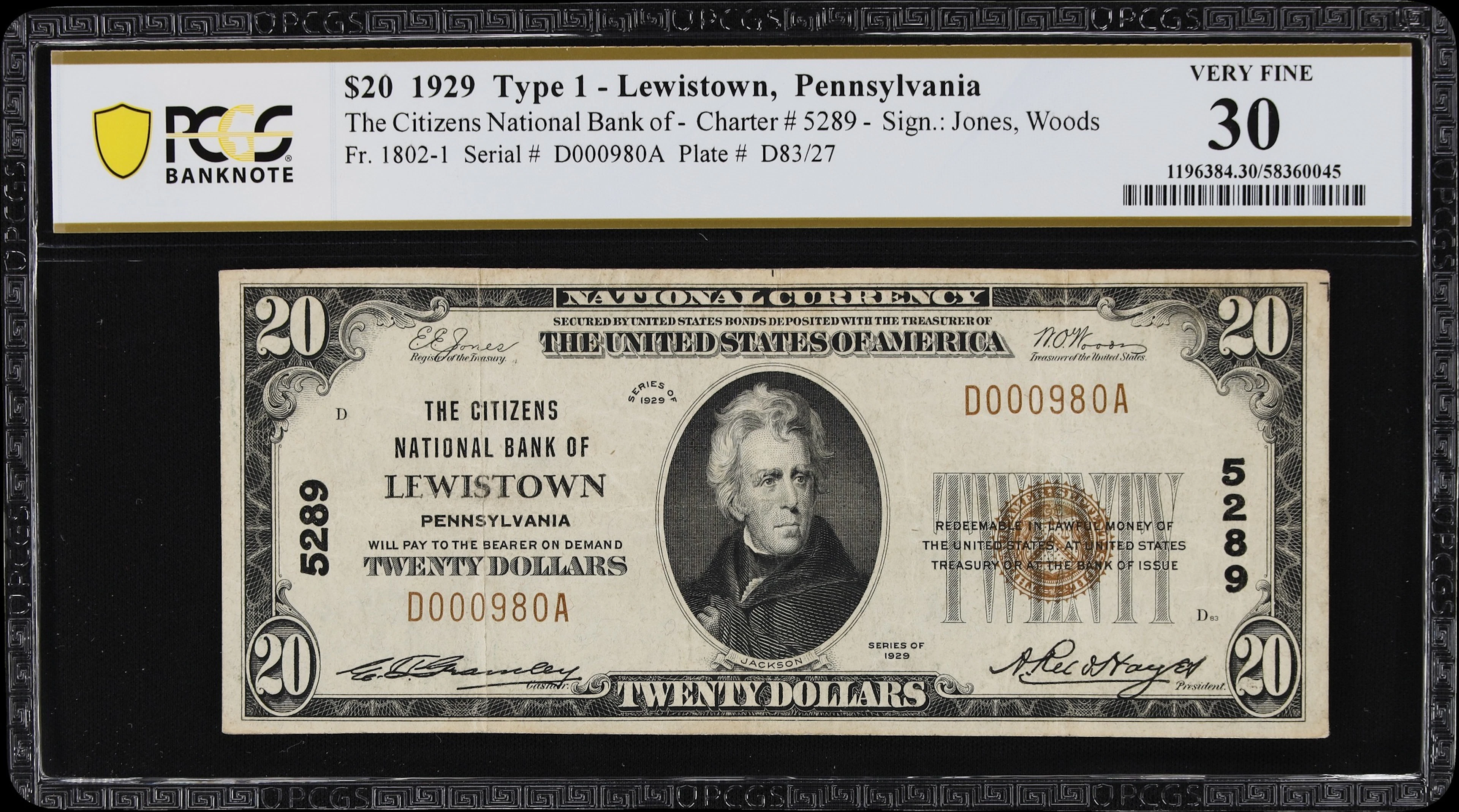Lewistown, Pennsylvania. $20 1929 Ty. 1. Fr. 1802-1. Citizens NB.