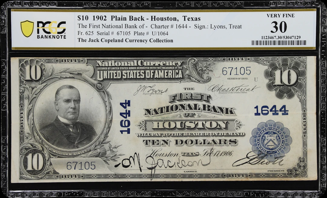 Houston, Texas. $10 1902 Plain Back. Fr. 625. First NB. Charter #1644.