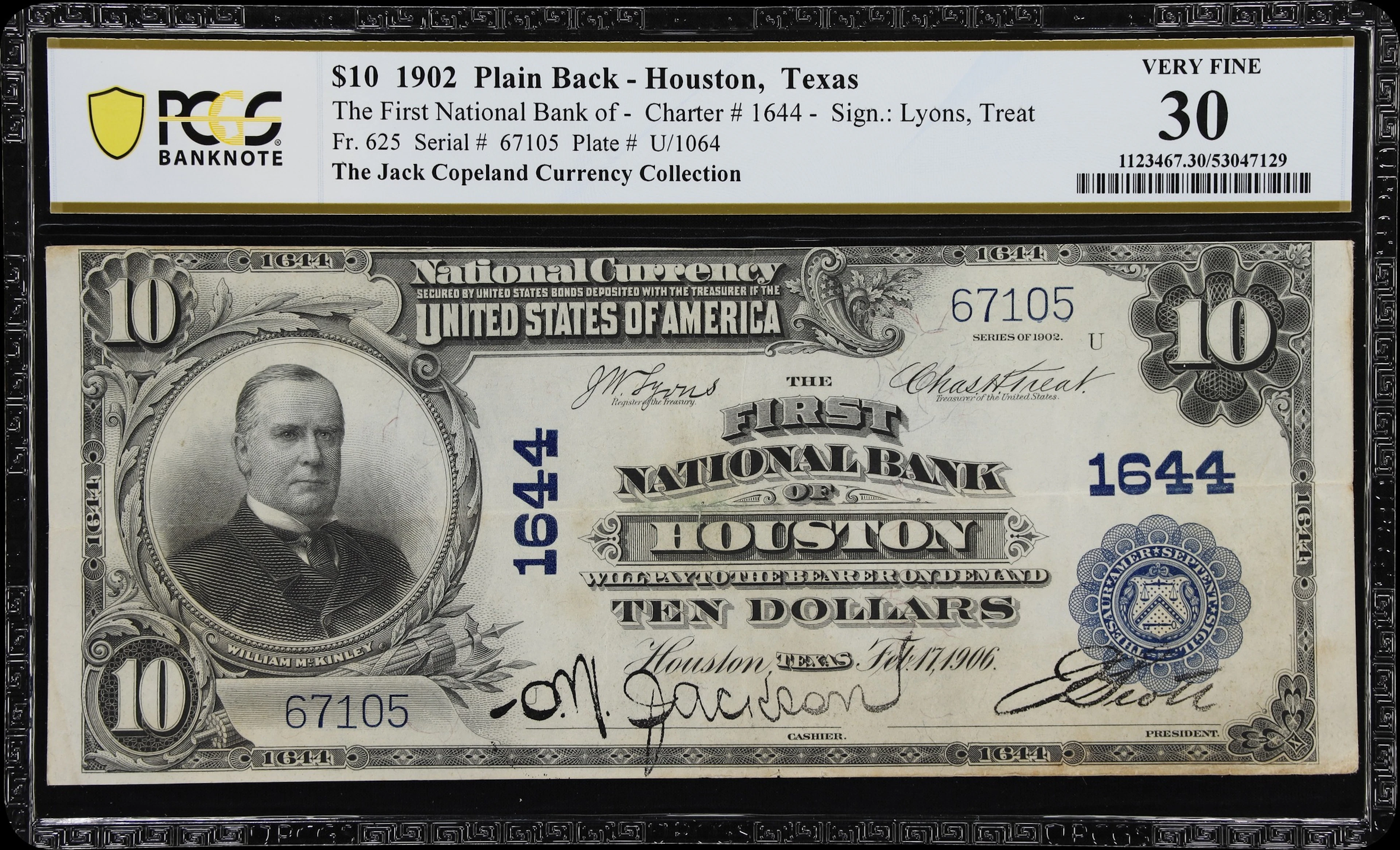 Houston, Texas. $10 1902 Plain Back. Fr. 625. First NB. Charter #1644.