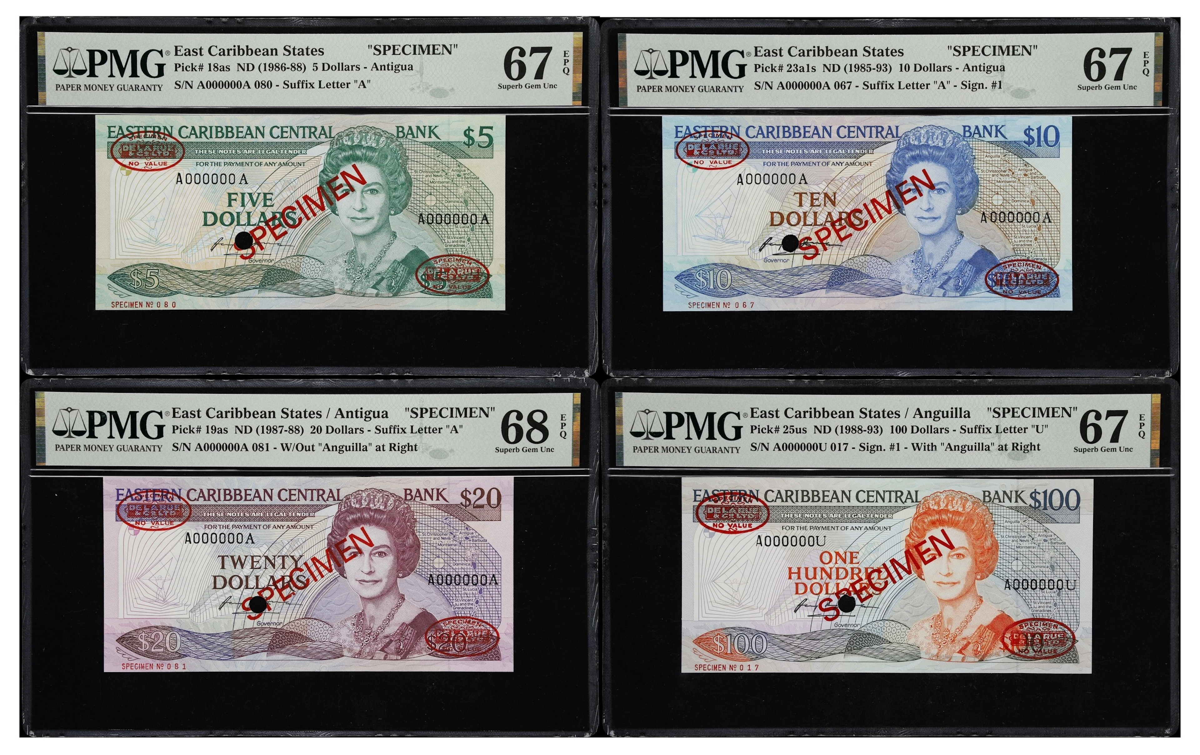 EAST CARIBBEAN STATES. Lot of (4). East Caribbean Central Bank. 5