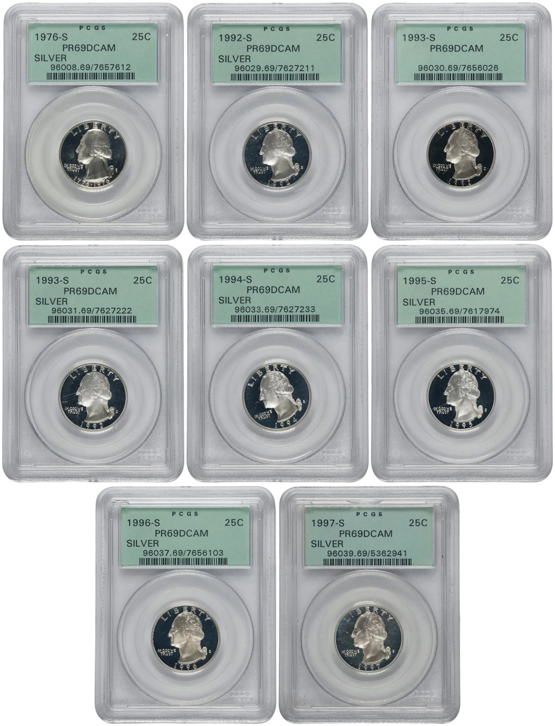 Lot of (8) Washington Quarters. Proof-69 Deep Cameo (PCGS). OGH Generation 3.1.