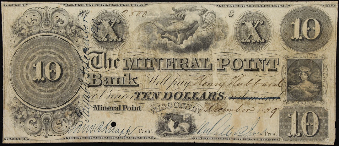 Mineral Point, Wisconsin Territory. Mineral Point Bank. 1839 $10. Fine.