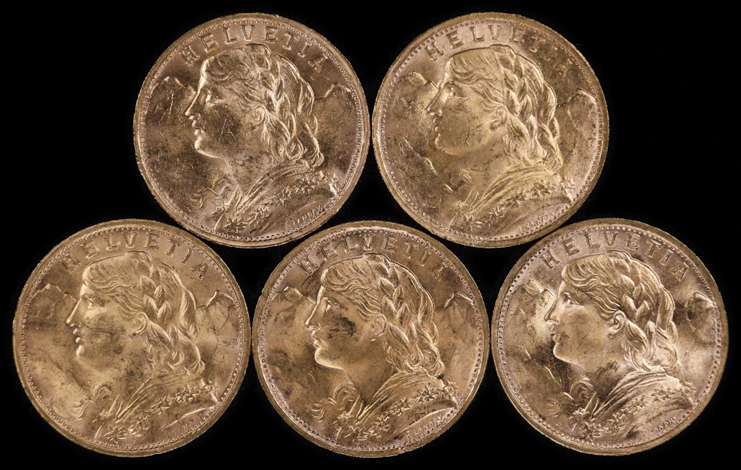 (0.935 oz, 29.082 g AGW). Switzerland. Lot of (5) Mixed Date Gold 20 Francs.